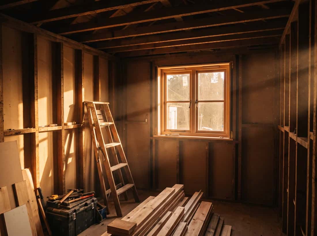 The inside of a house mid renovation, bare stud walls in warm afternoon light.