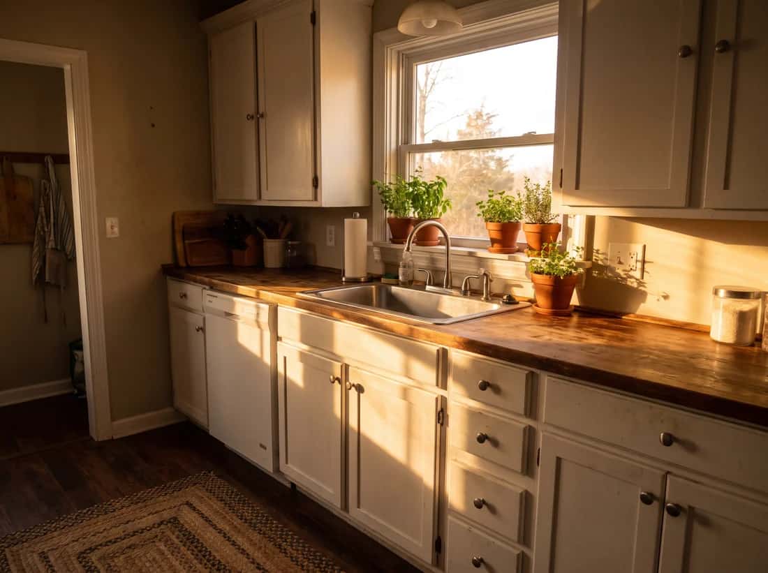 A freshly finished kitchen in a modest house, warm light through the window.