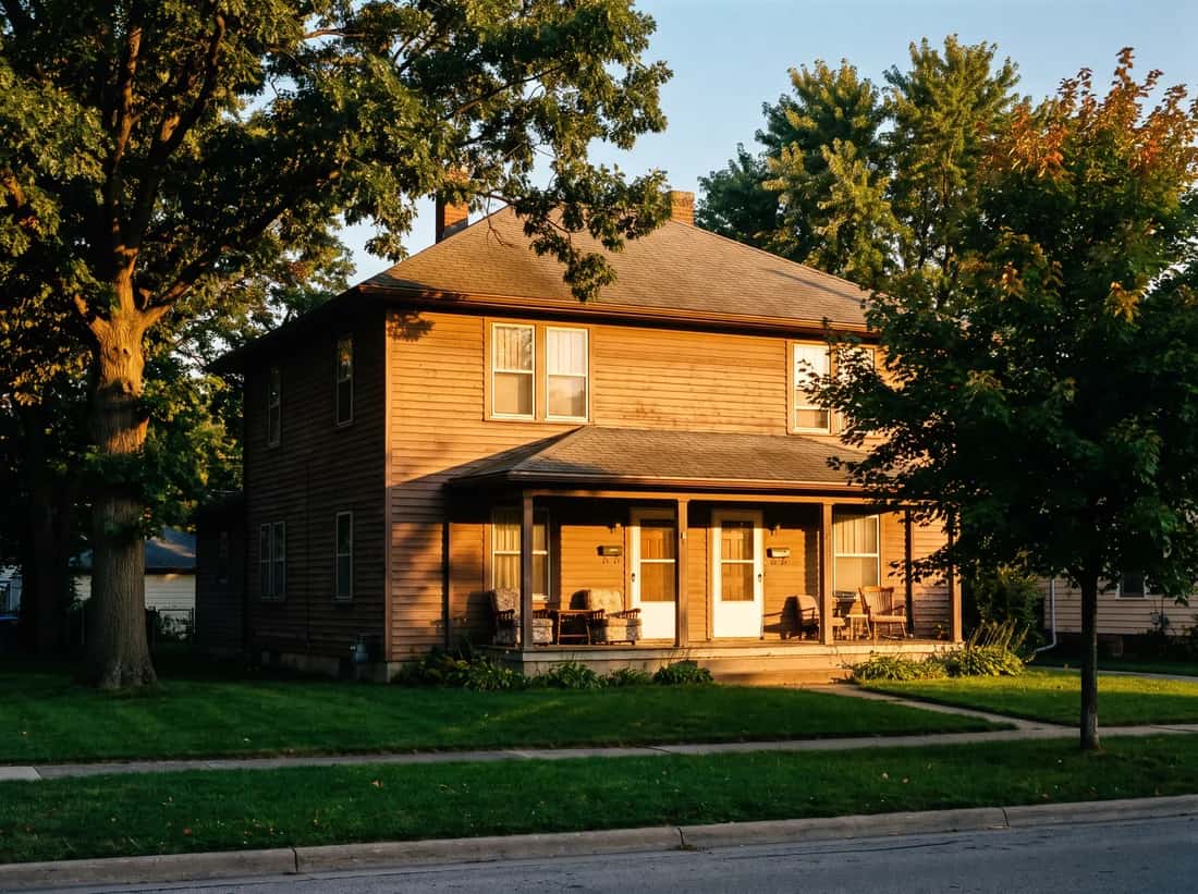 A modest two unit house with a covered porch in golden evening light.