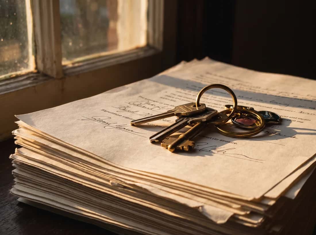 House keys resting on a stack of signed contract pages.