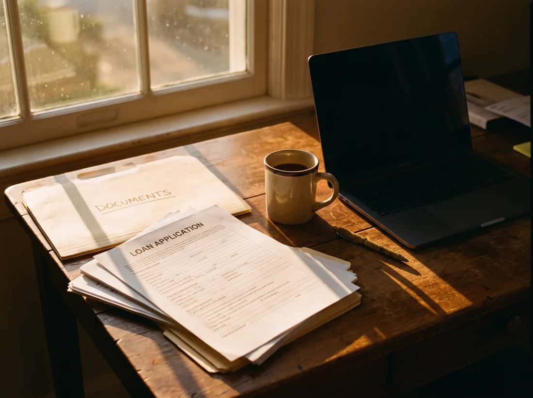 A loan application form and a laptop on a desk in low evening light.