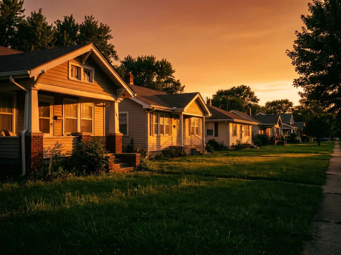 A street of modest single family homes in golden evening light.