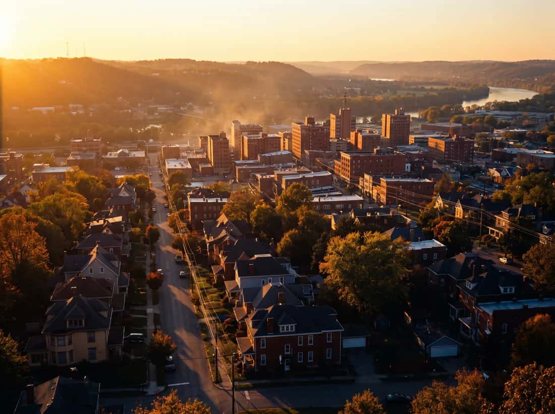 A mid size American city seen from a hillside at golden hour.