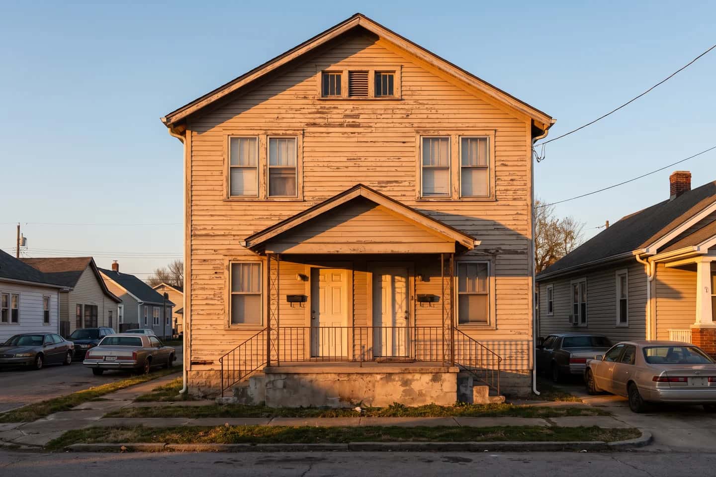 A modest side by side duplex on an ordinary street in late afternoon light