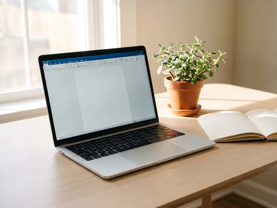 A laptop open on a desk beside a notebook