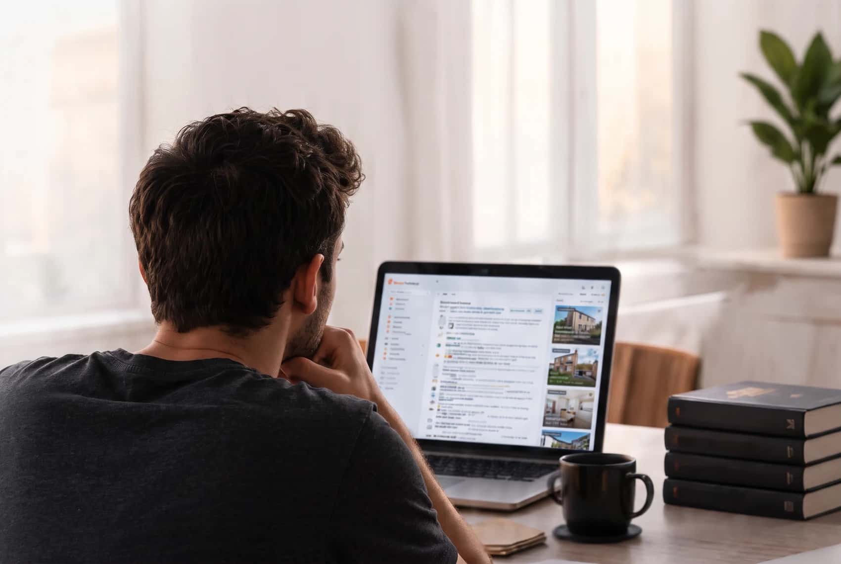 Someone sitting at a desk with a hand against their chin, reading property listings on a laptop