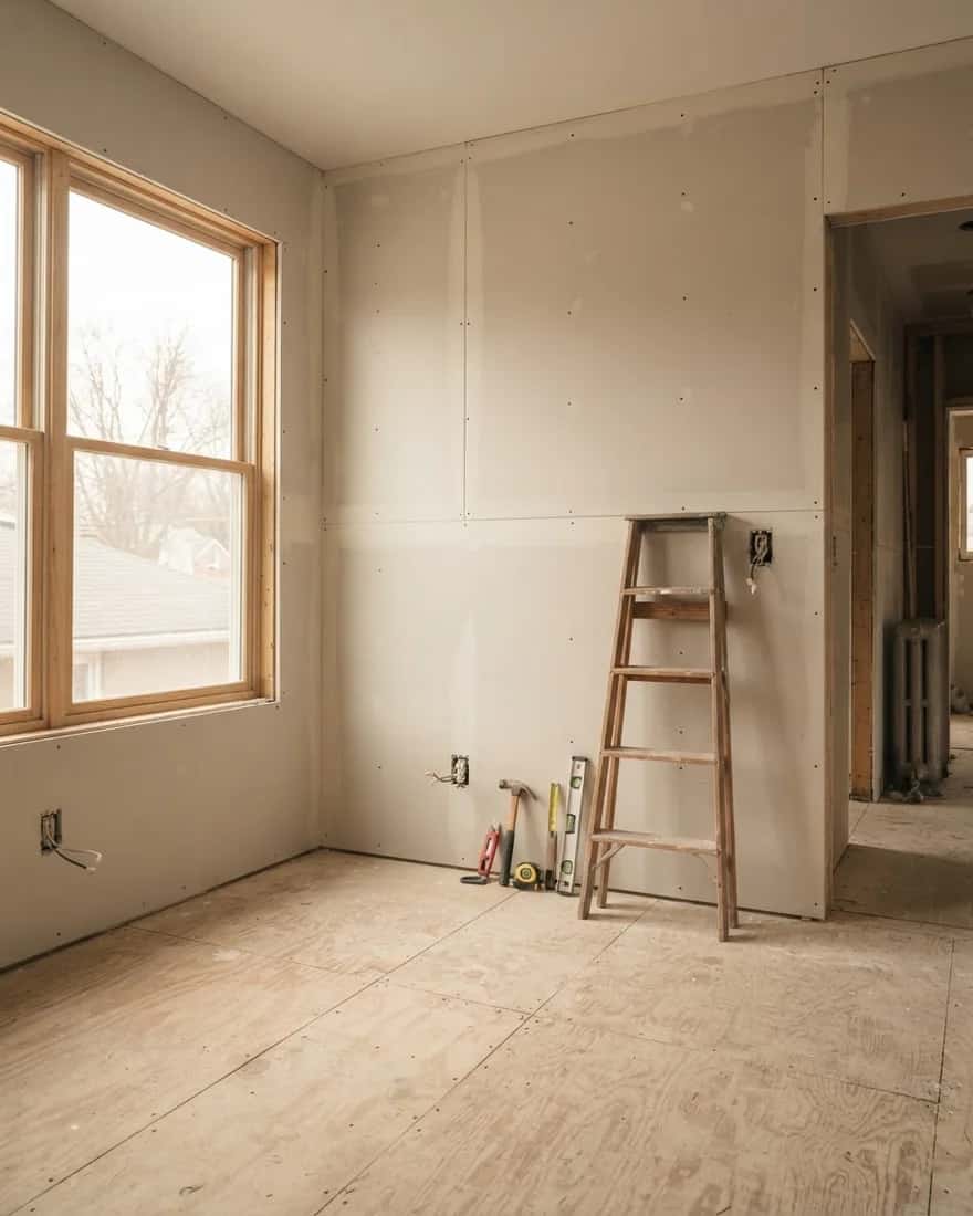 A room part way through renovation, with fresh drywall and a ladder