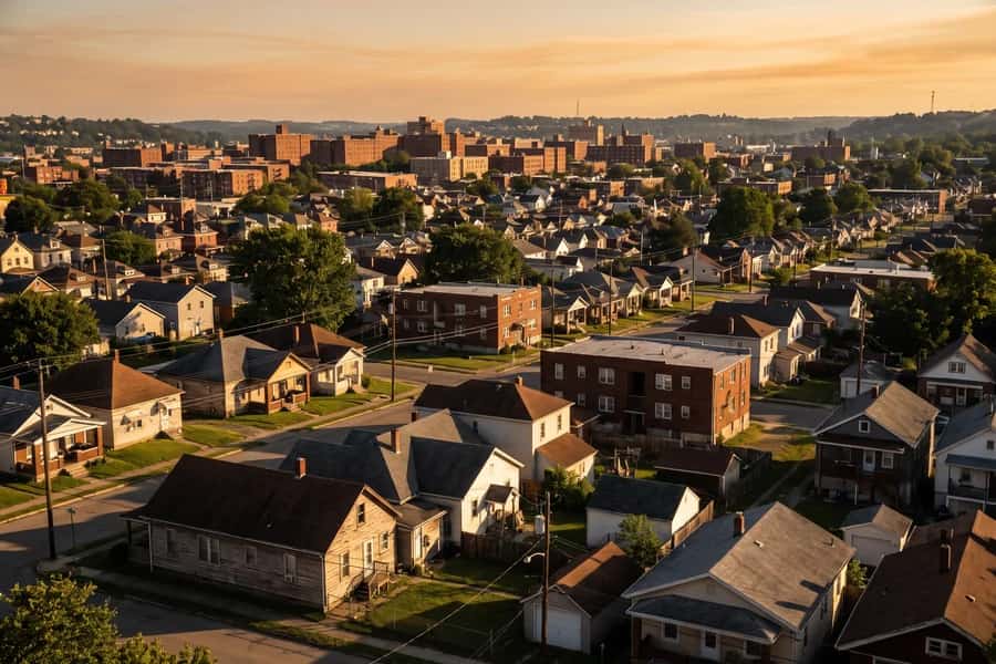 An elevated view over an ordinary American neighborhood at golden hour, with a low city skyline behind it