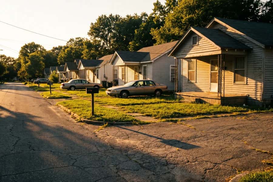 A quiet street of plain rental houses in late afternoon light