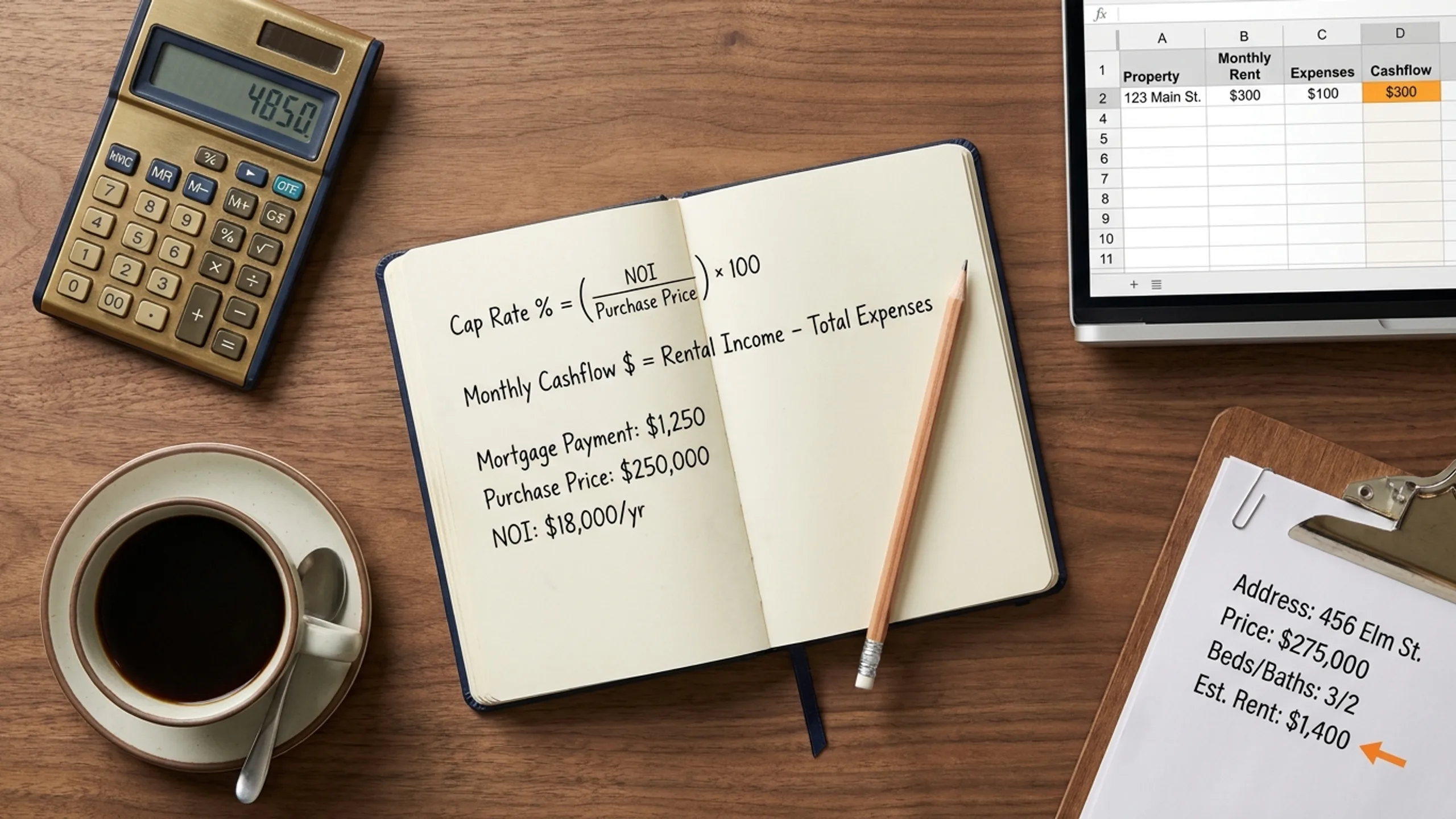 Notebook with handwritten 1 percent rule calculation for a rental property next to calculator and coffee