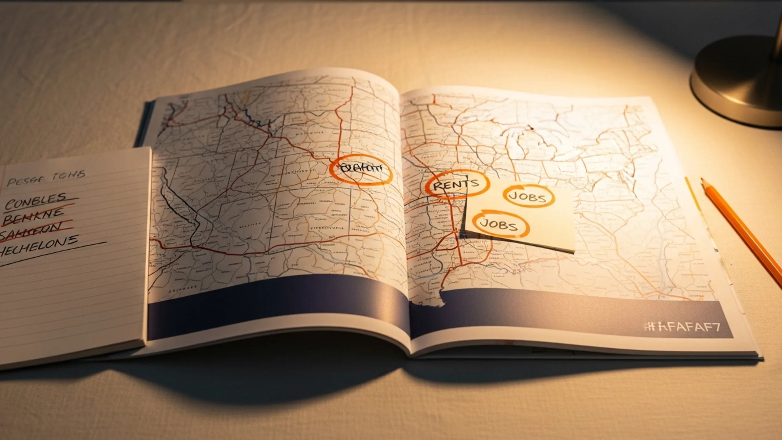 Open paper atlas with circled candidate cities for best cities for first-time real market research