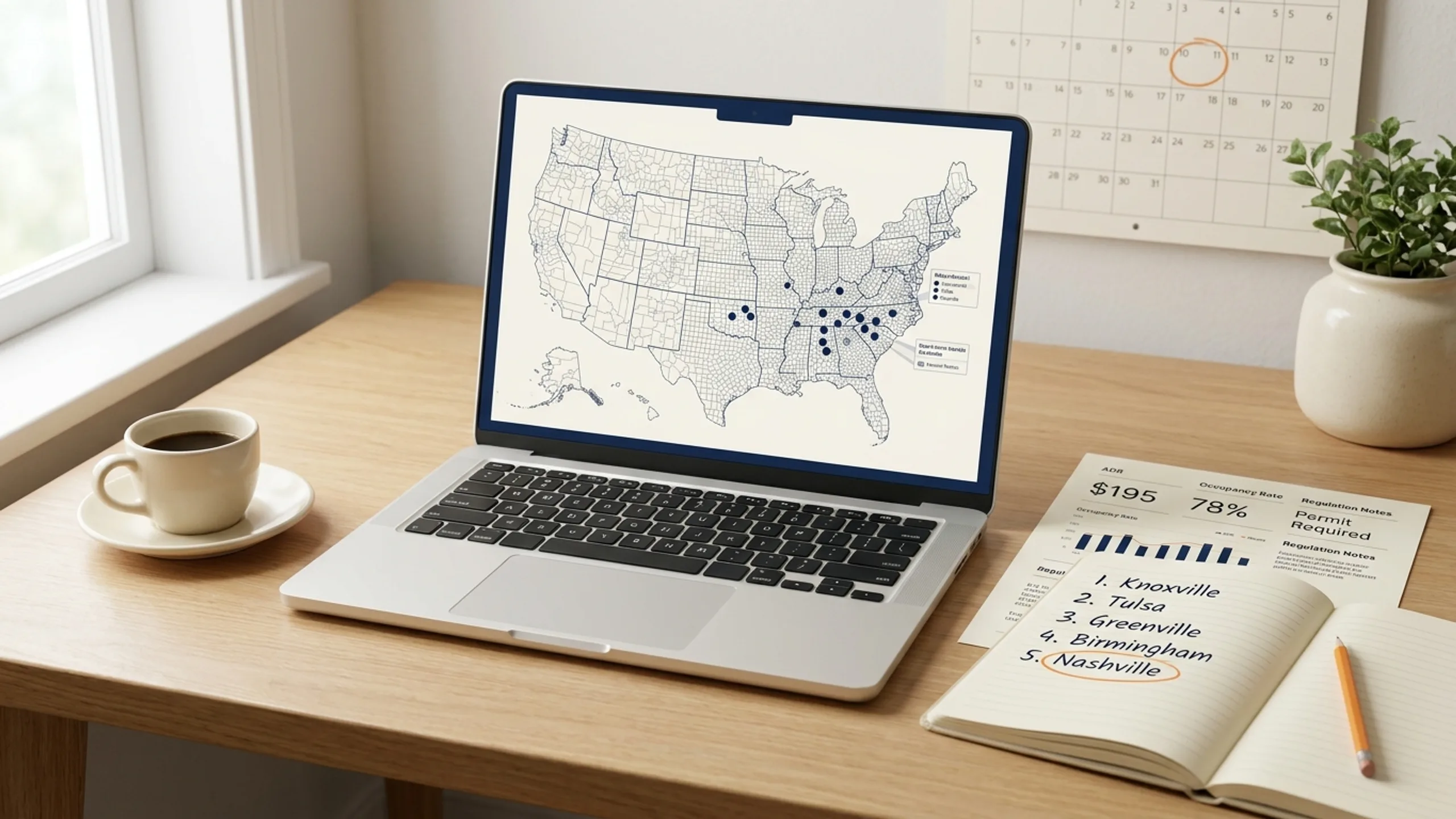 Market research desk with U.S. map and STR candidate cities notepad for short-term rental investment in 2026