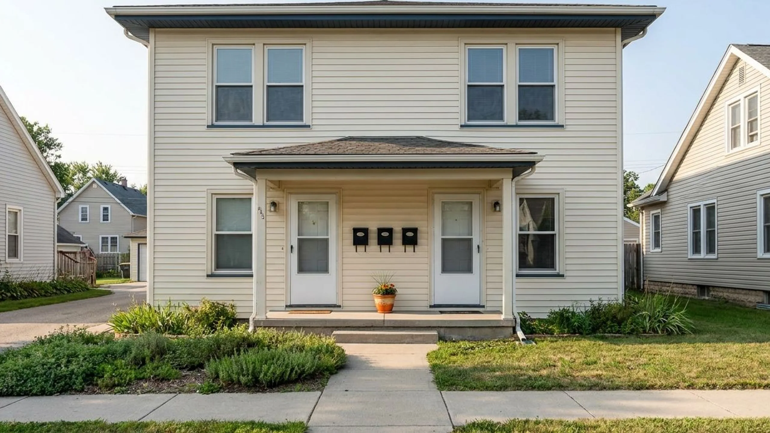 Small duplex or triplex exterior with twin front doors representing house hacking and best cities for house hacking