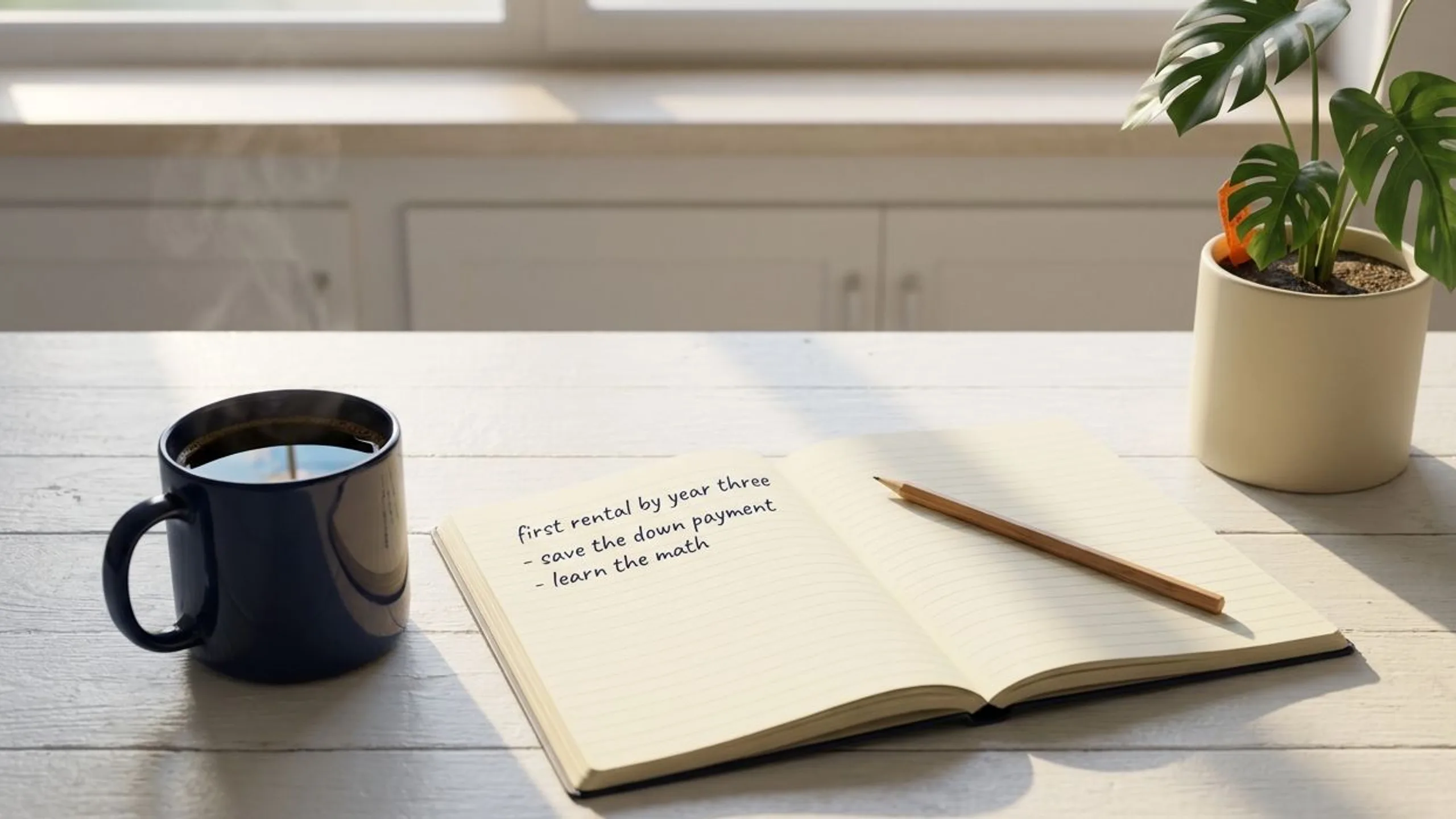 Open notebook with handwritten investing goals on a kitchen counter with morning sun for best way to learn real