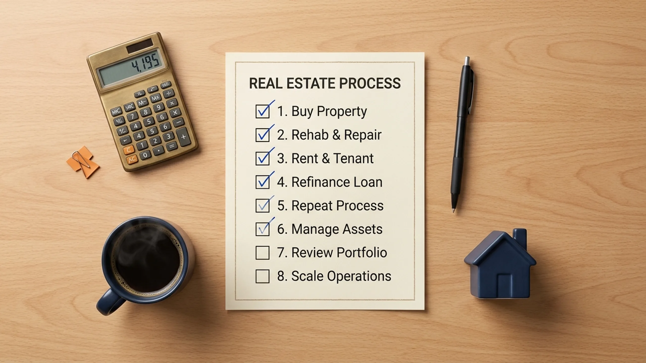 Notebook with BRRRR five-step checklist (Buy, Rehab, Rent, Refinance, Repeat) and renovation tools for real estate strategy