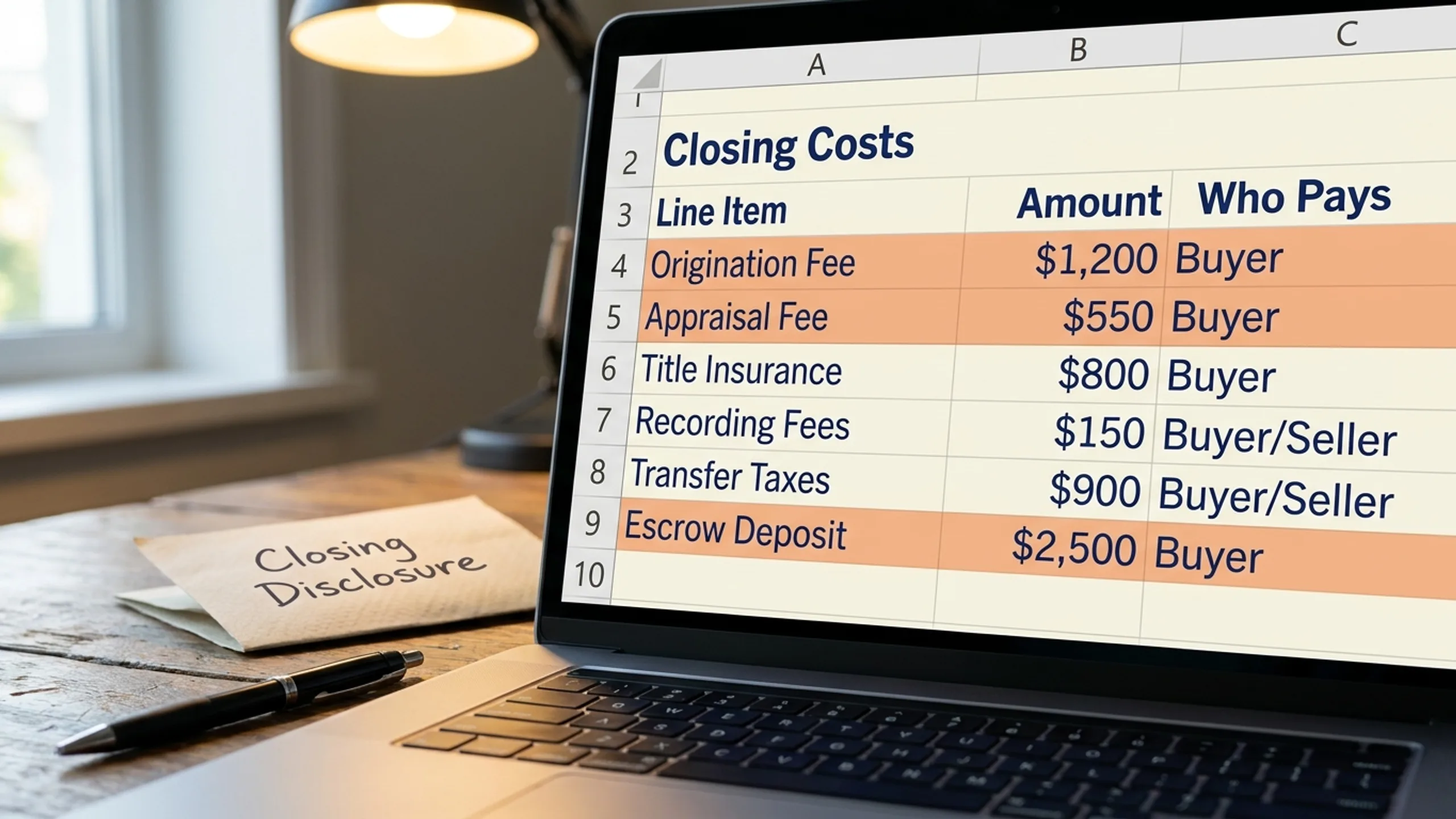 Closing disclosure paperwork with itemized fees and pen on a calm wooden desk for closing costs investment property