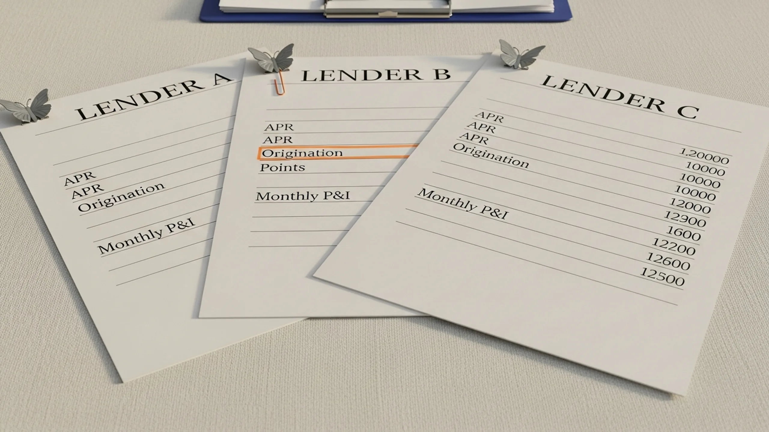 Three lender quote sheets fanned out for DSCR loan for rental property comparison