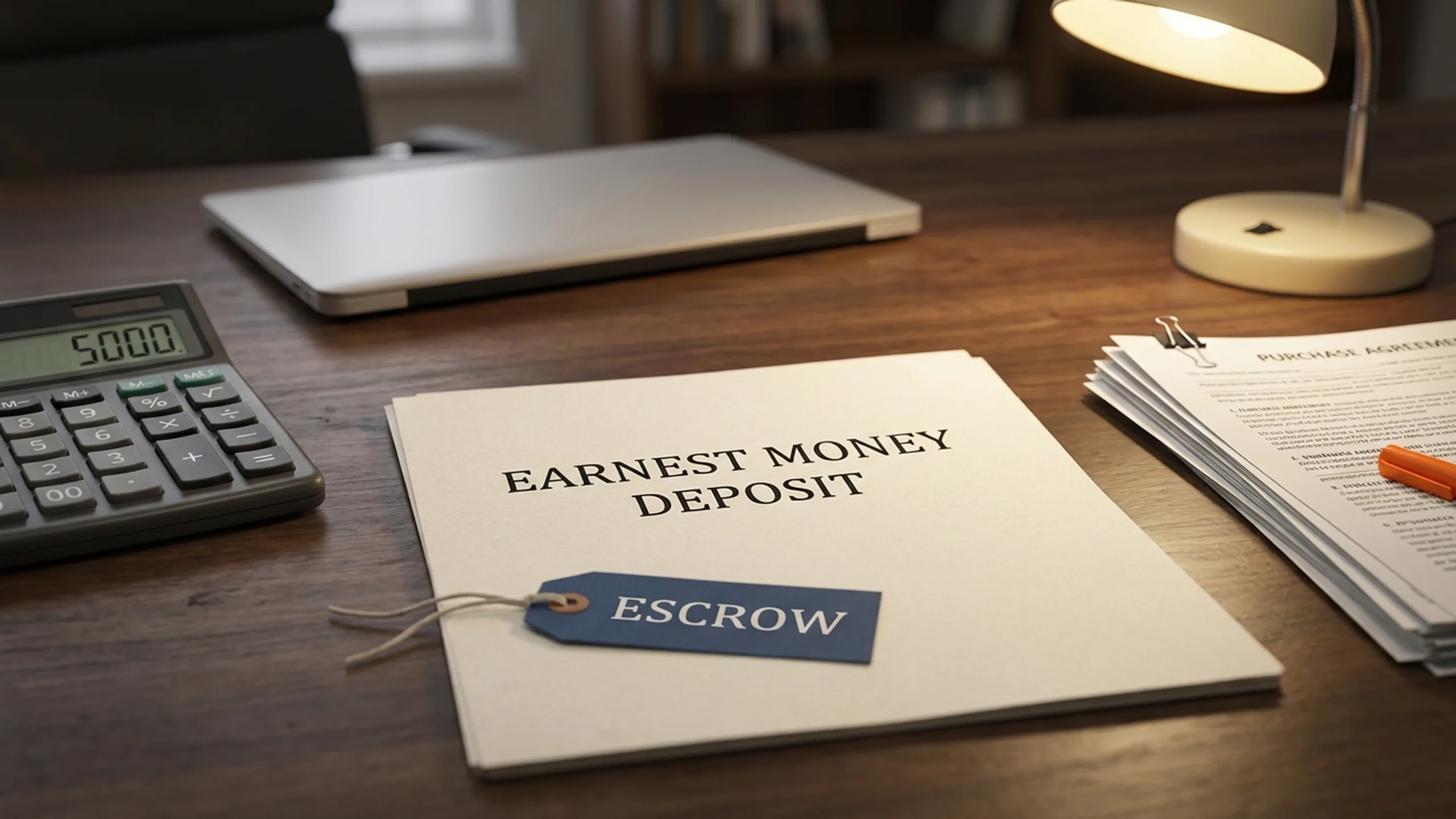Closing day desk with wire transfer paperwork and earnest money deposit receipt for first-time investor