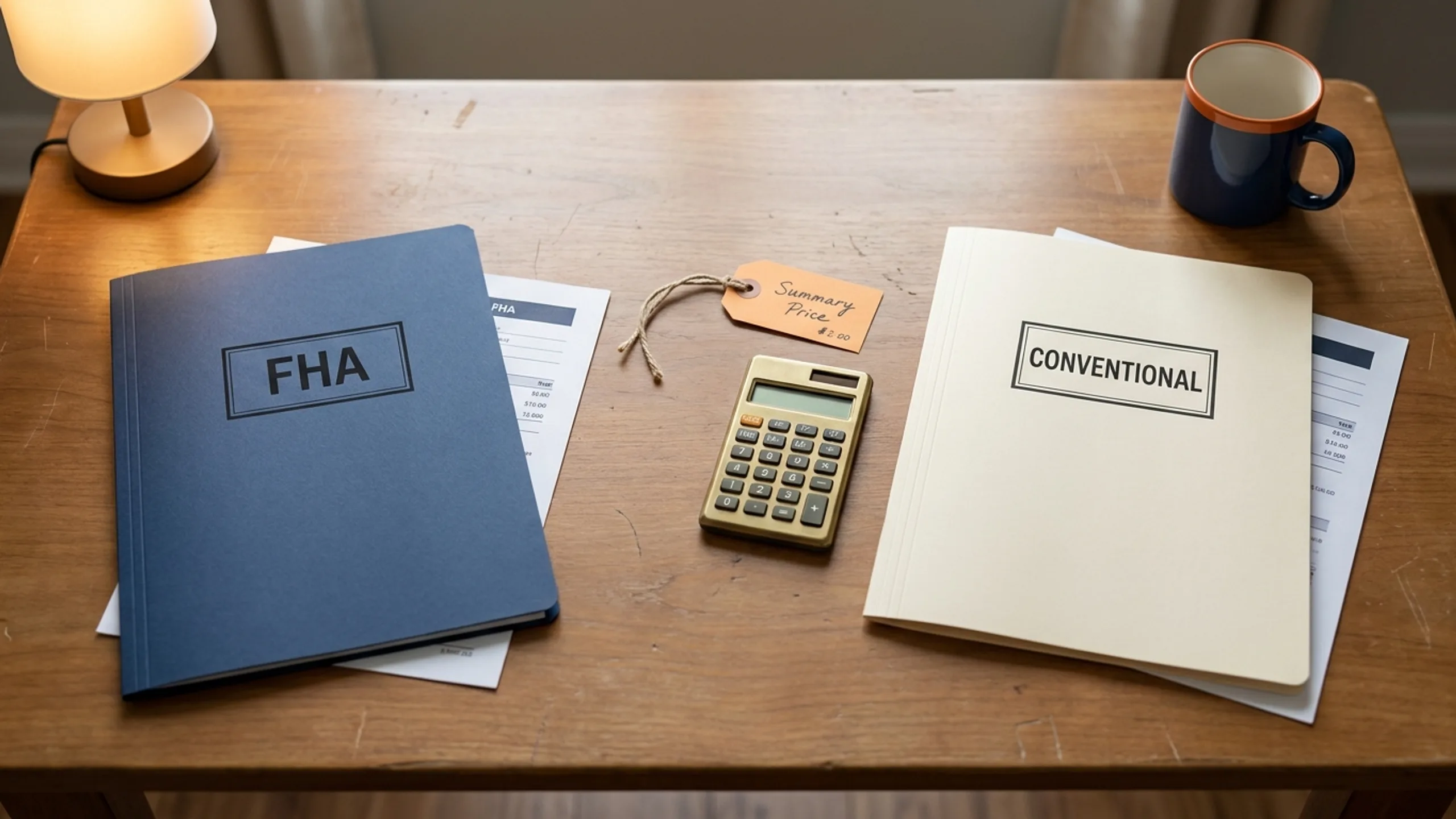 FHA loan vs conventional loan paperwork side by side on a wood desk for house hacking comparison
