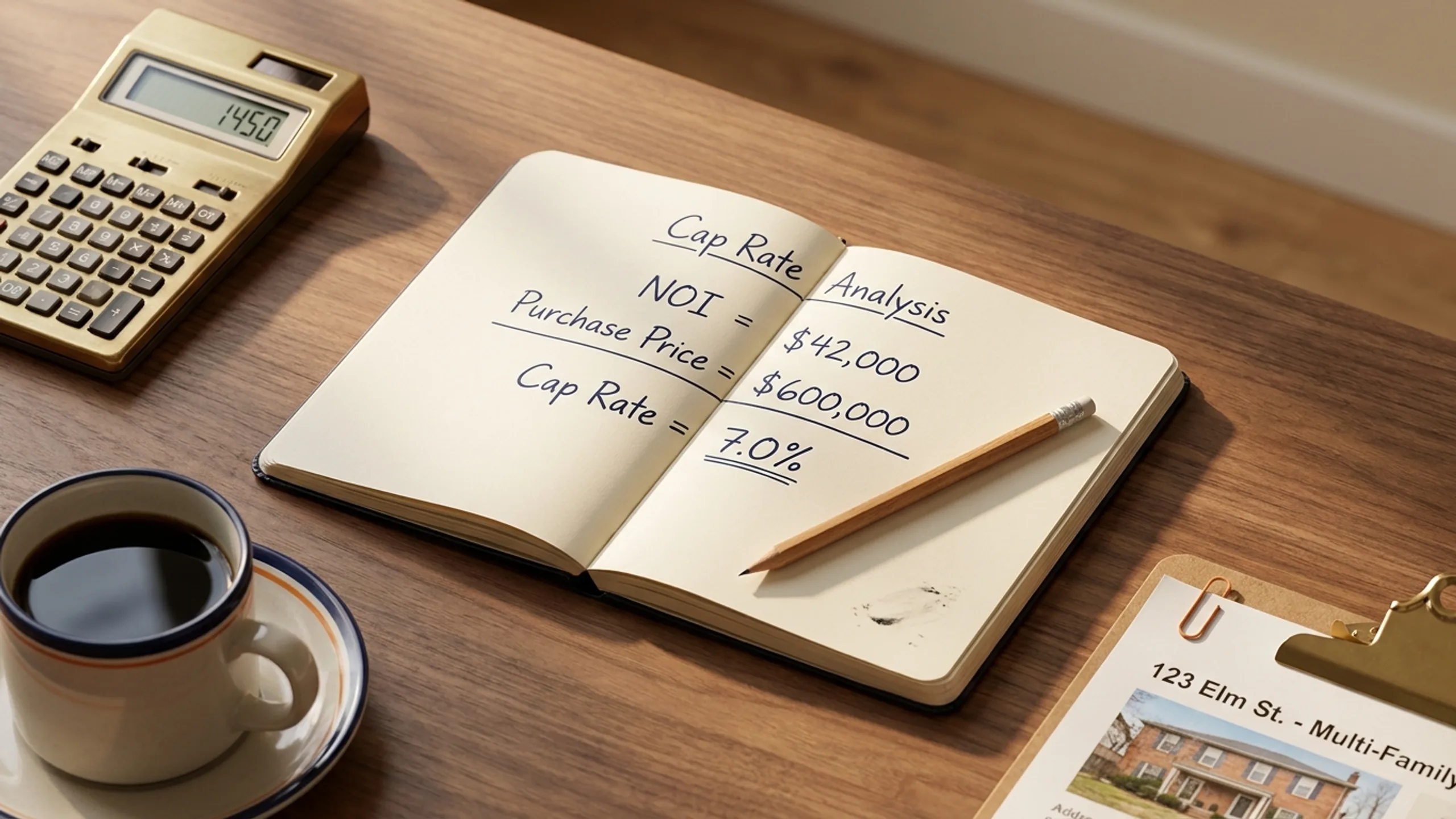 Cap-rate math flat-lay with notebook, calculator, and handwritten percentages on a wooden desk for gross rent multiplier v...