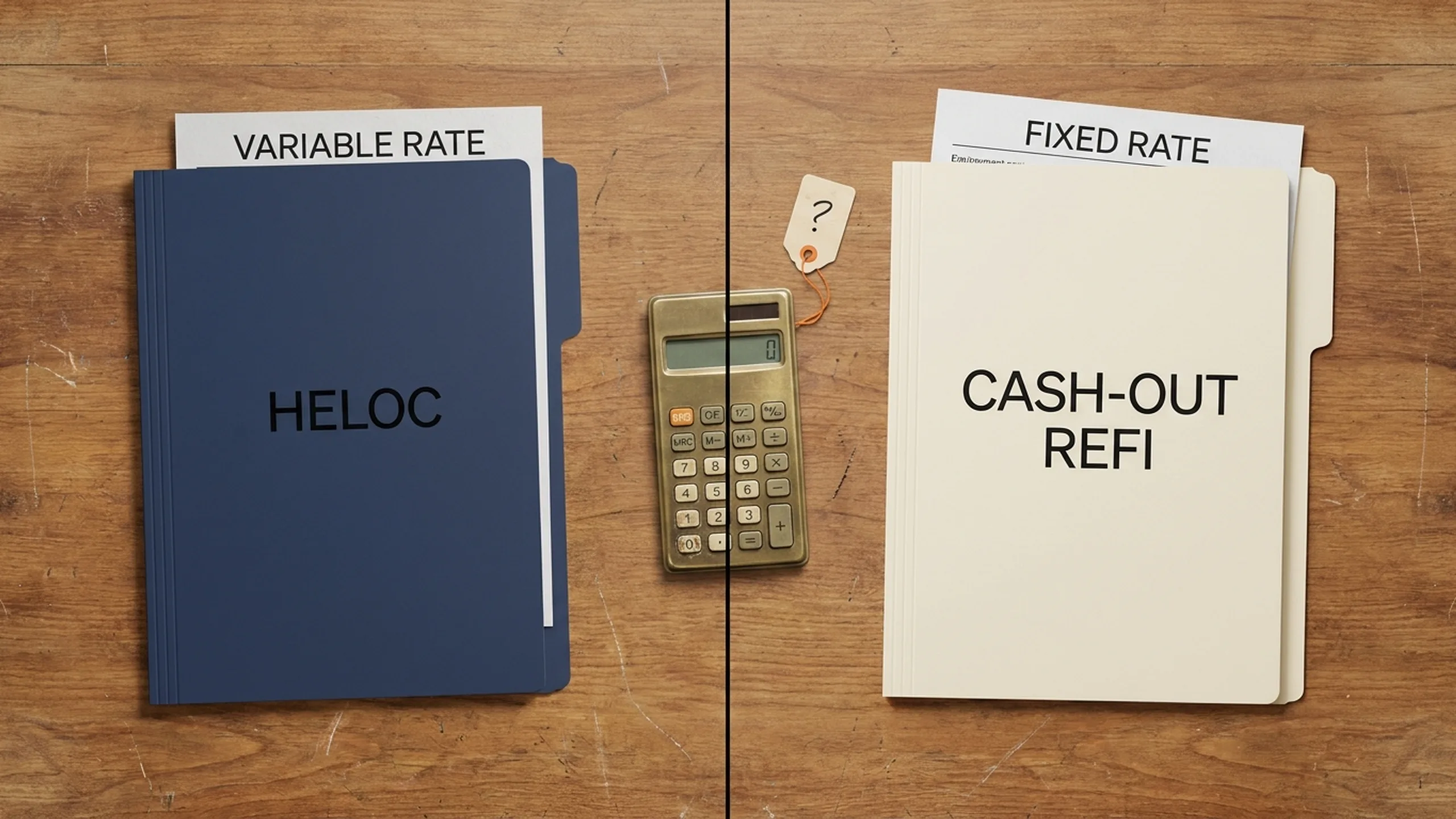 Side-by-side comparison desk with HELOC and cash-out refi folders for investment property financing decision