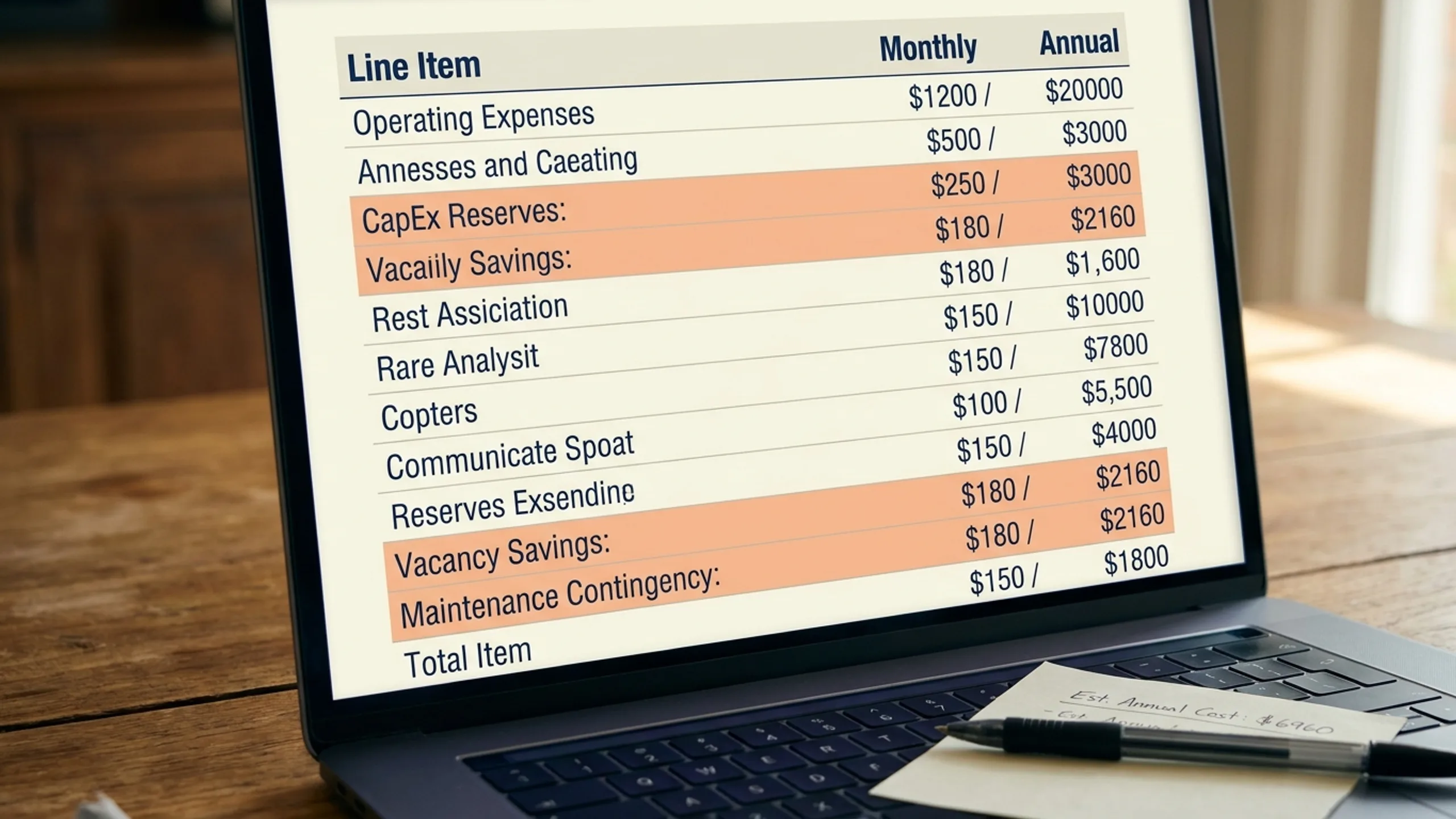 Macro shot of a rental property cashflow spreadsheet with hidden cost line items highlighted in soft orange