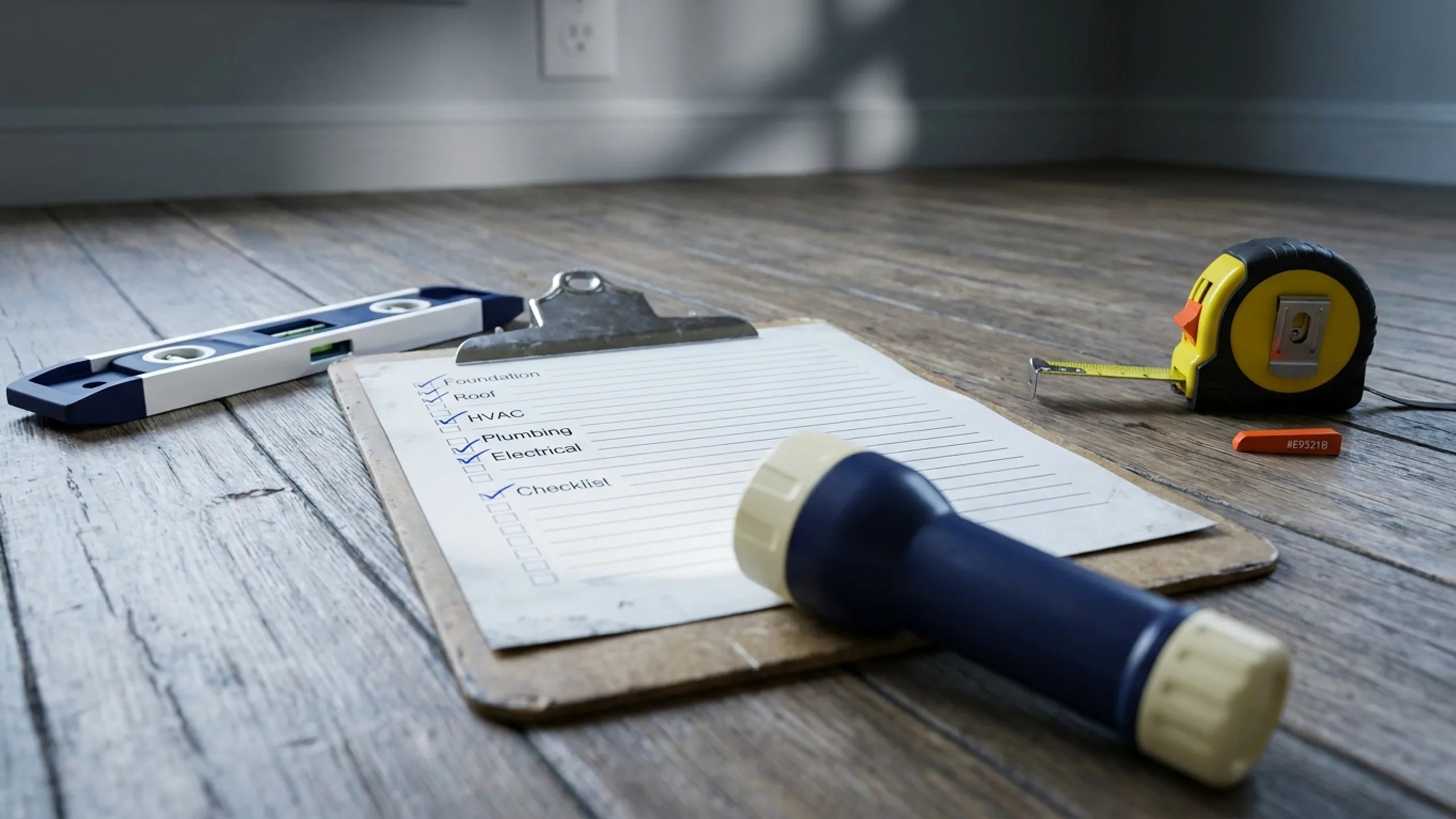 Inspection clipboard with checklist flashlight measuring tape and level for investor home inspection on a wooden floor