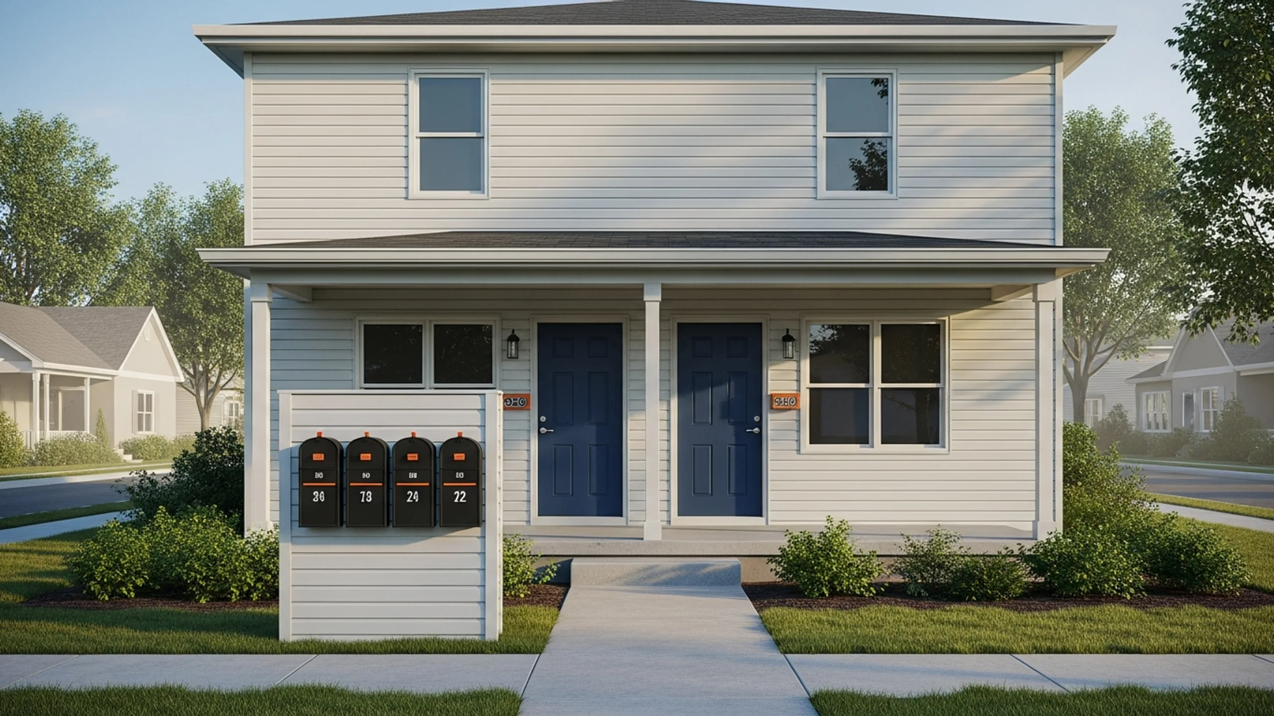 Small duplex or triplex exterior with twin front doors representing house hacking and house hacking for beginners