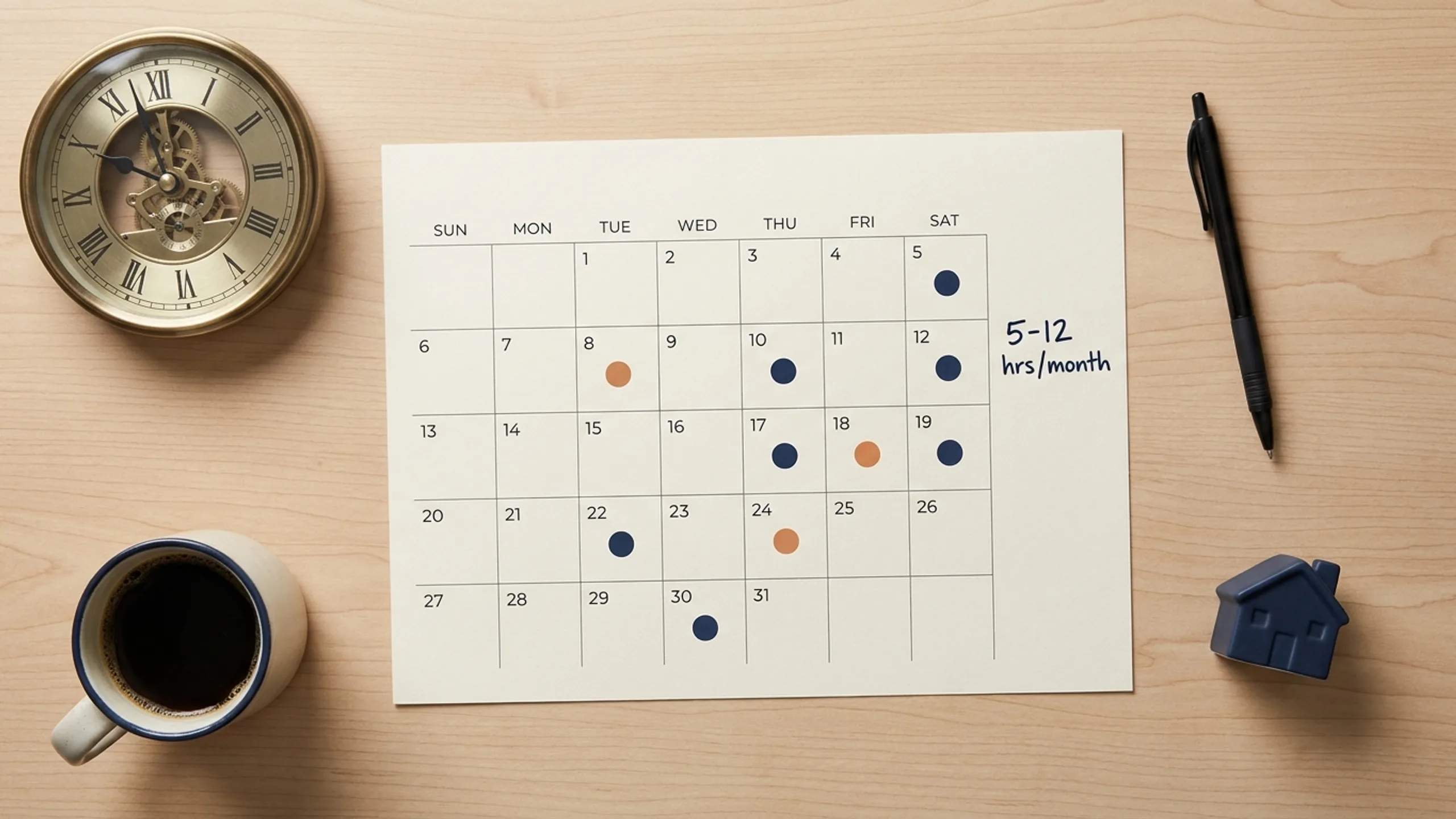 Calm desk flat-lay with calendar clock and notebook representing the honest hour budget for rental property ownership
