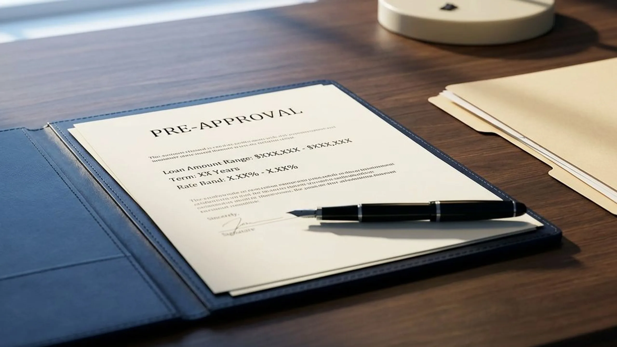 Mortgage pre-approval letter on a navy portfolio with a fountain pen for how much down payment for