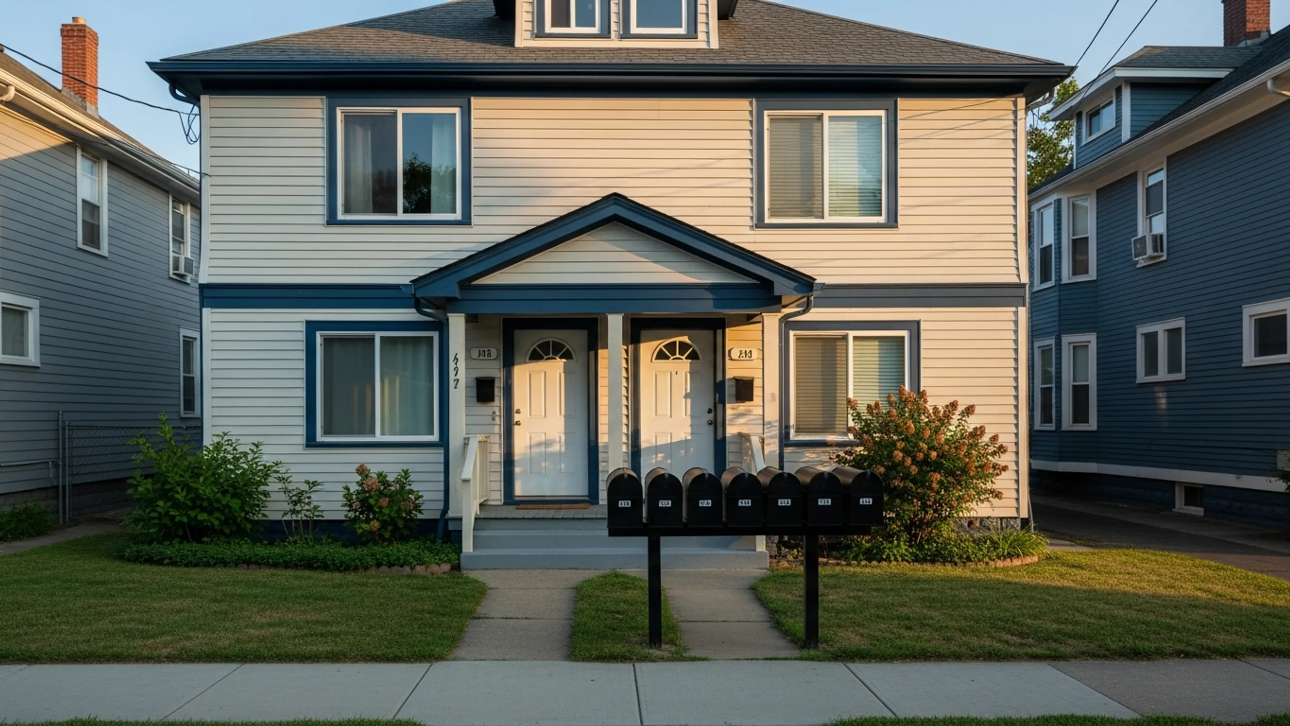 Small duplex or triplex exterior with twin front doors representing house hacking and how to analyze a house