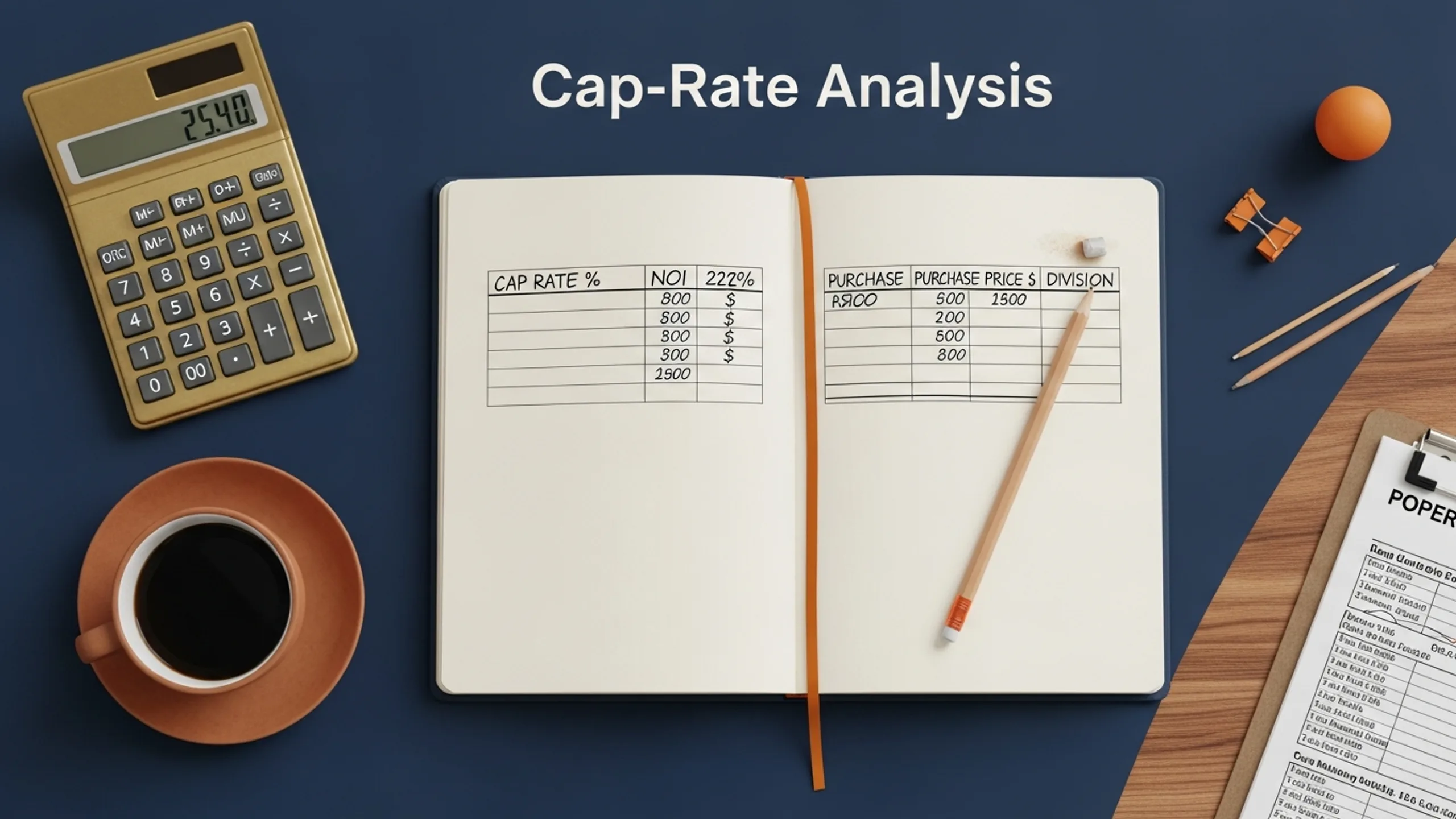 Cap-rate math flat-lay with notebook, calculator, and handwritten percentages on a wooden desk for how to calculate cap rate