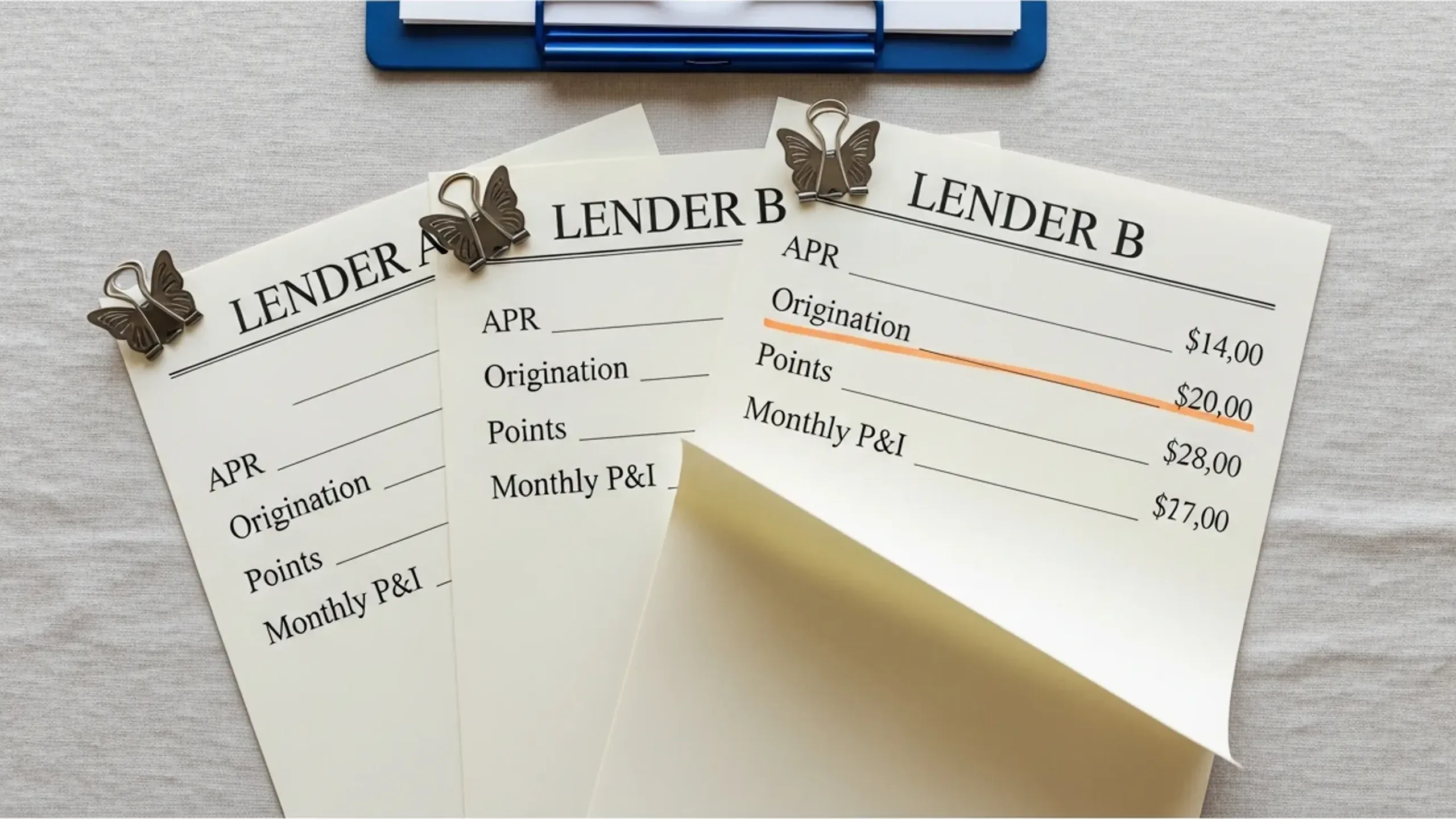 Three lender quote sheets fanned out for how to finance a rental comparison