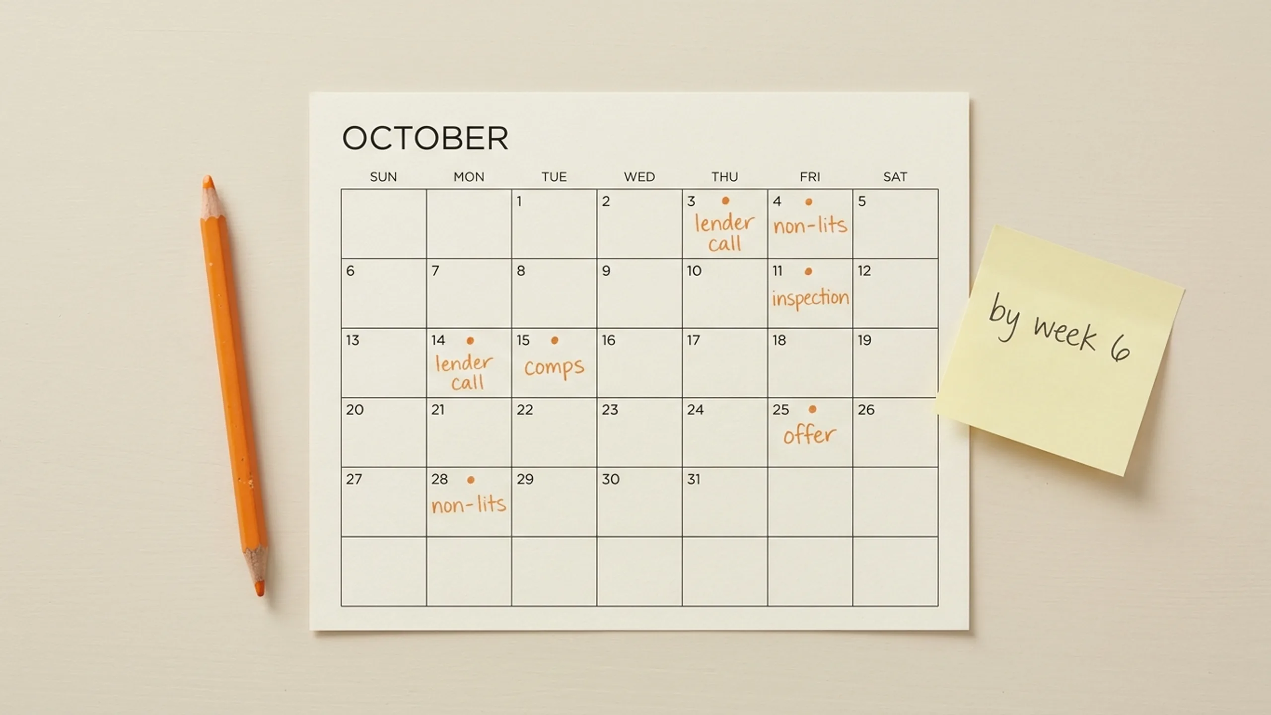 Top-down flat-lay of a calendar with key days marked for how to invest in real timeline