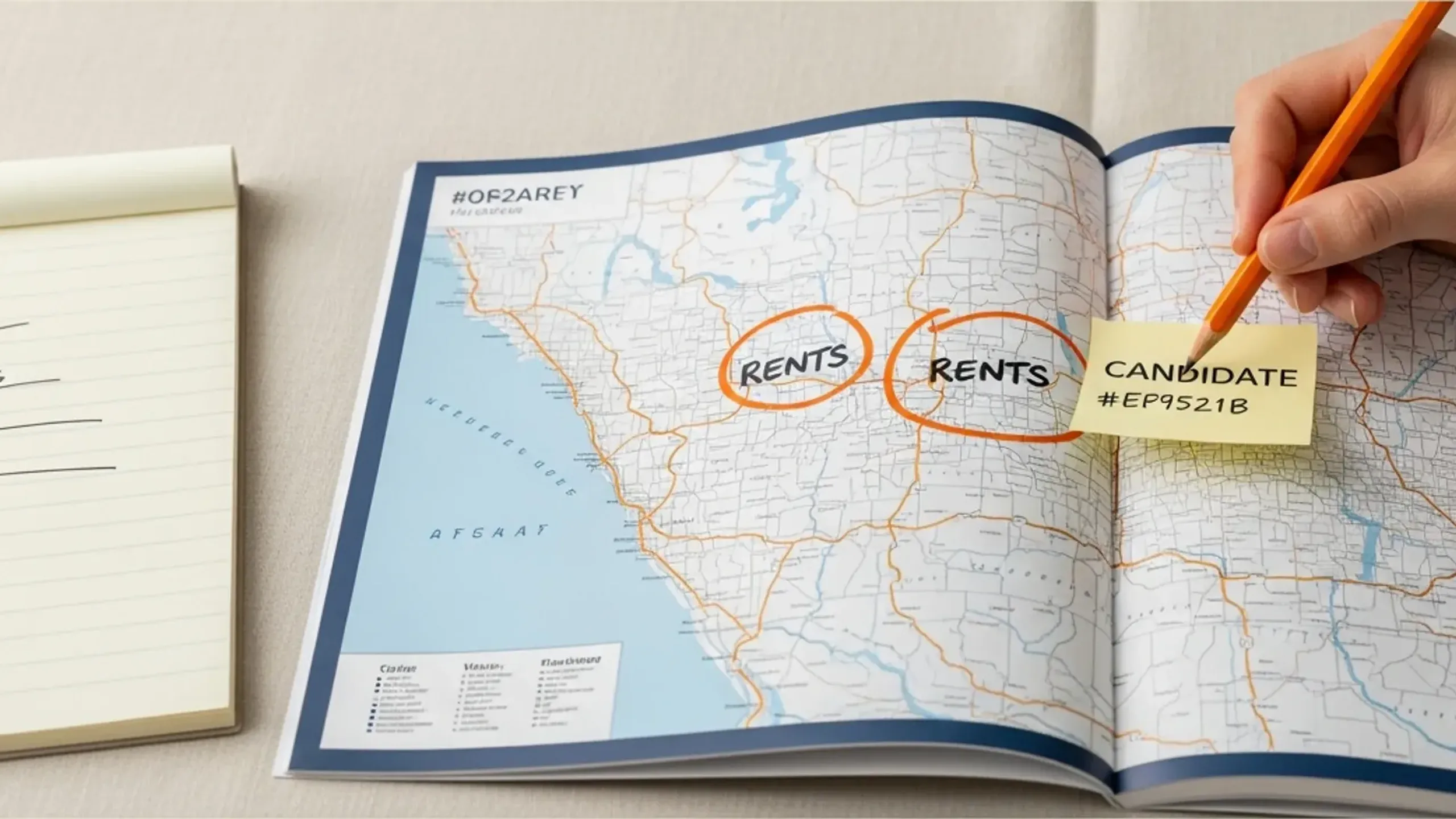 Open paper atlas with circled candidate cities for how to pick a city market research
