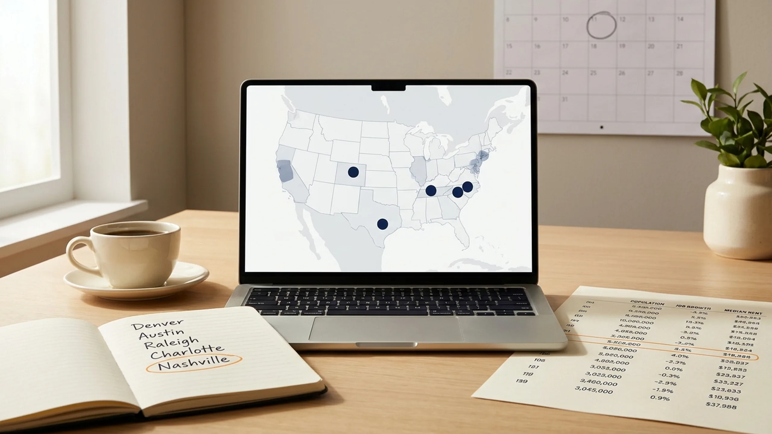 Neighborhood research desk with map data layers and printed checklist for evaluating rental neighborhoods before buying