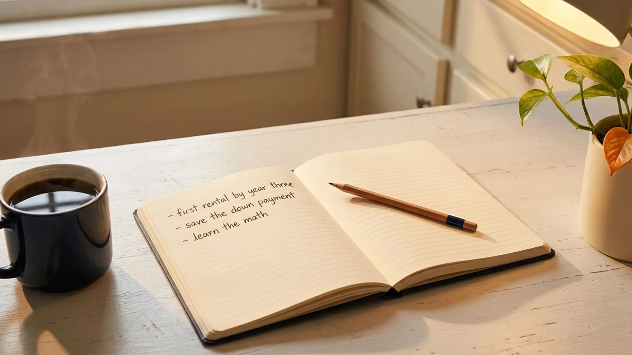 Open notebook with handwritten investing goals on a kitchen counter with morning sun for how to set real estate