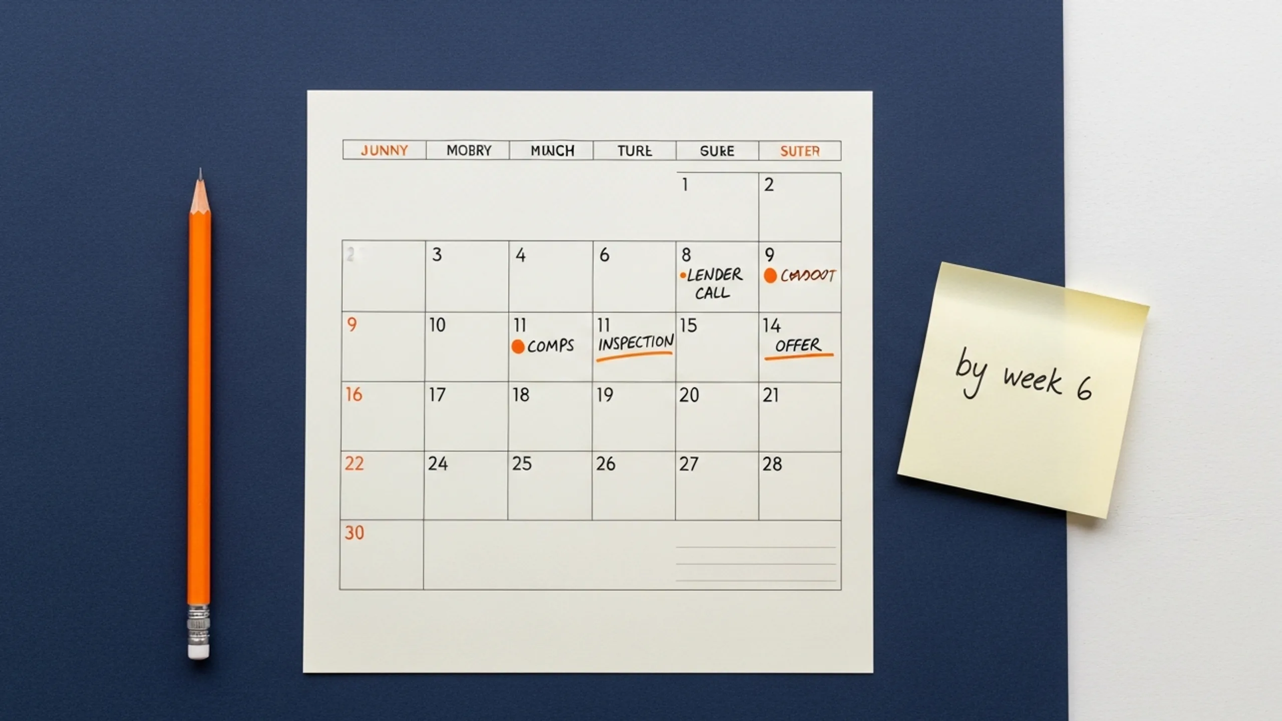 Top-down flat-lay of a calendar with key days marked for how to start an airbnb timeline
