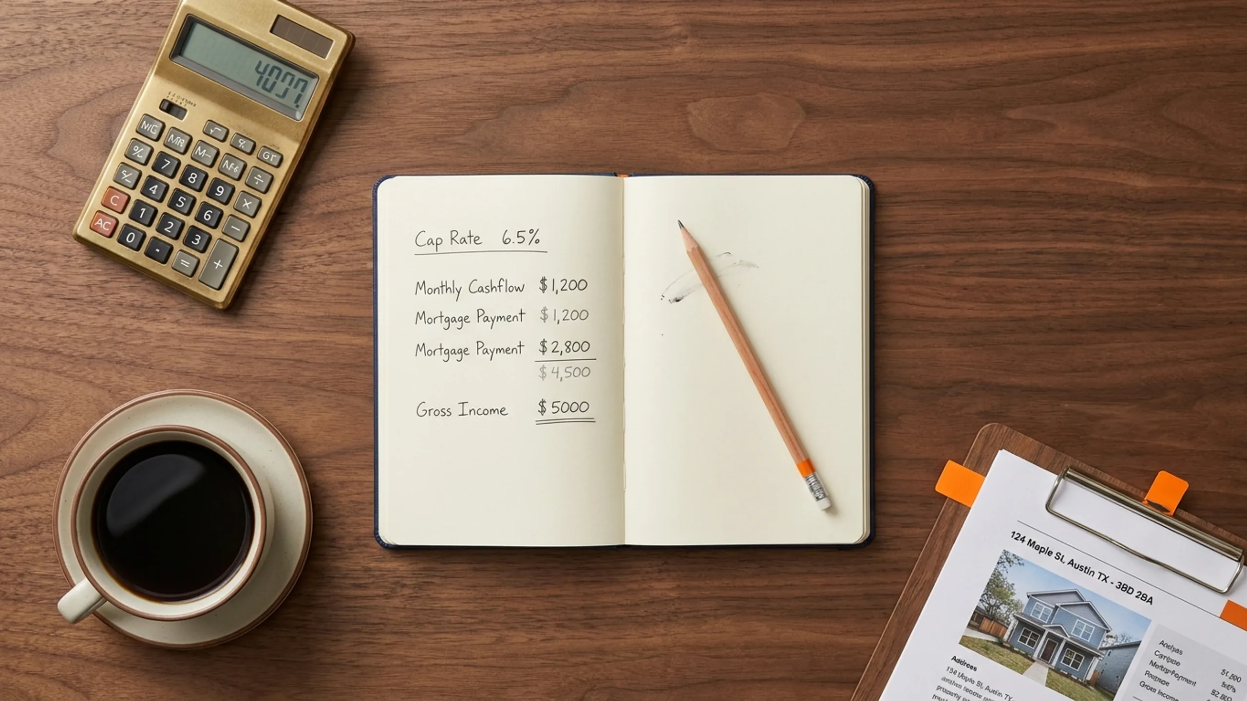 Real estate is airbnb a good investment analysis flat-lay with notebook, calculator, and handwritten math on a wooden desk