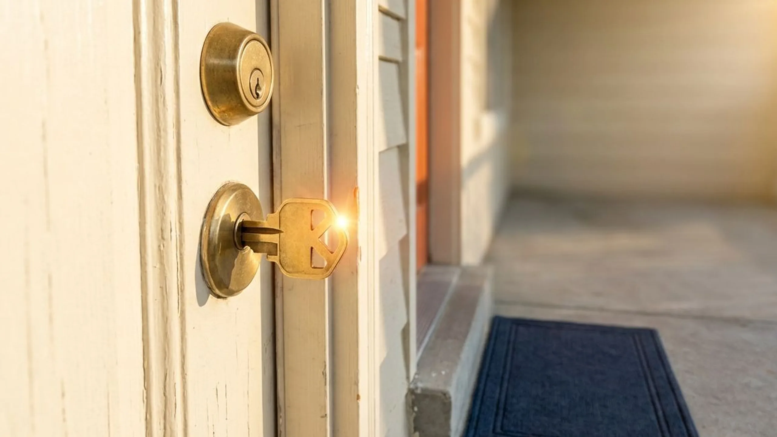 Brass key in a cream wooden door at a new property doorway for mid-term rental