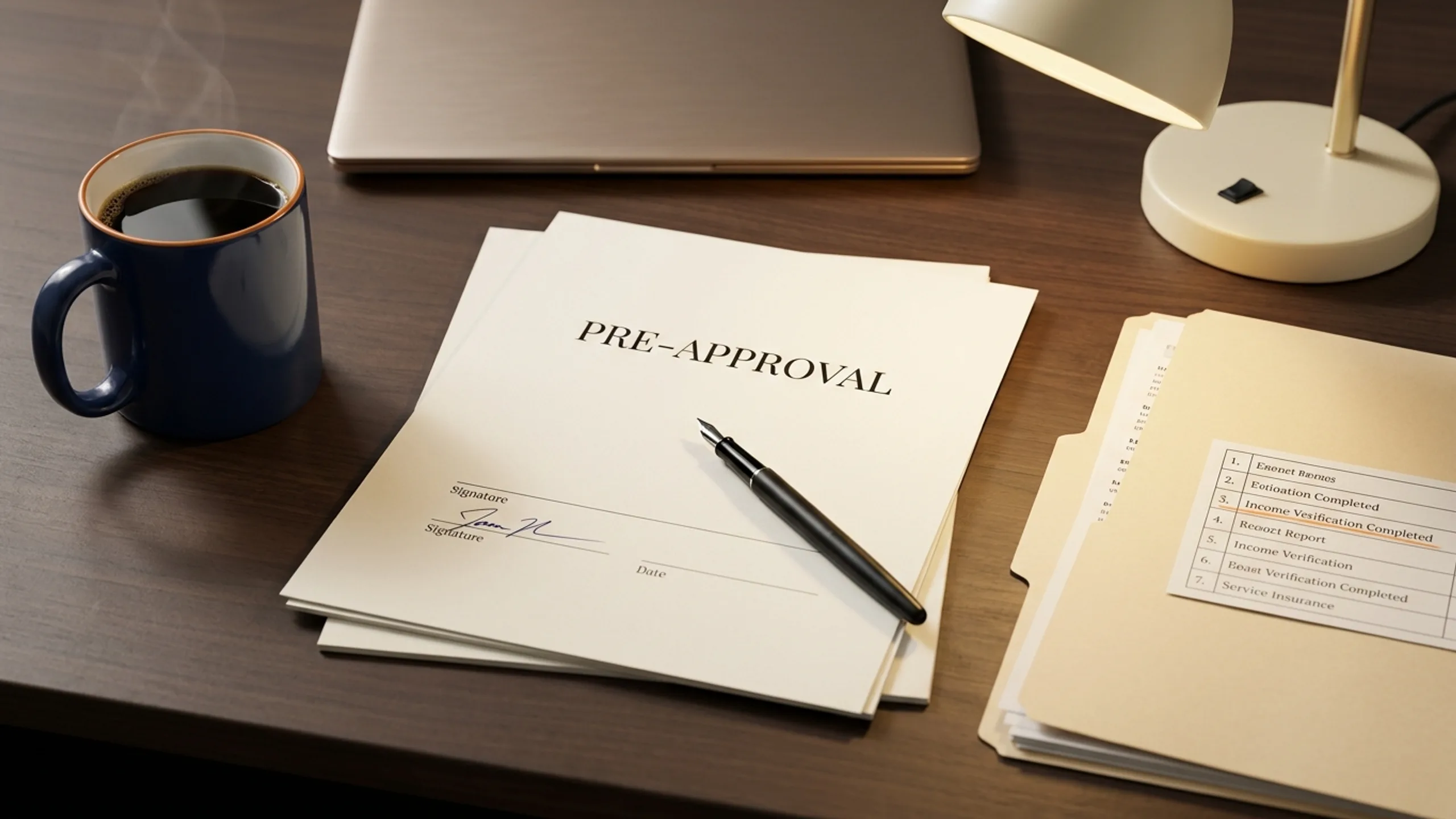 Editorial mortgage prep desk with pre-approval letter pen and folder for investment property loans