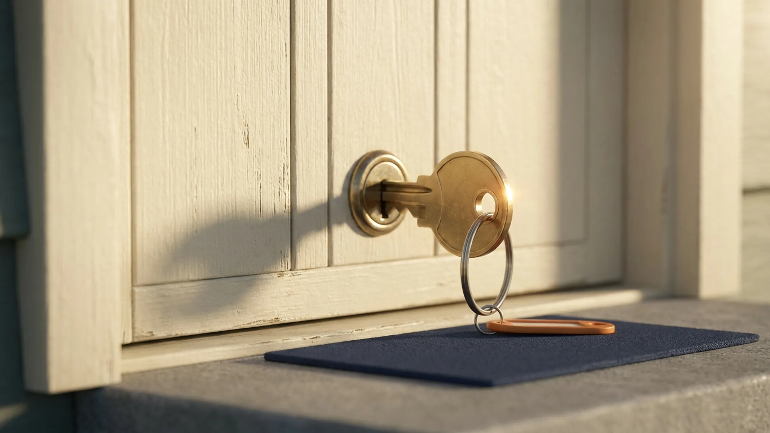 Brass key in a cream wooden door at a new property doorway for new landlord first day checklist