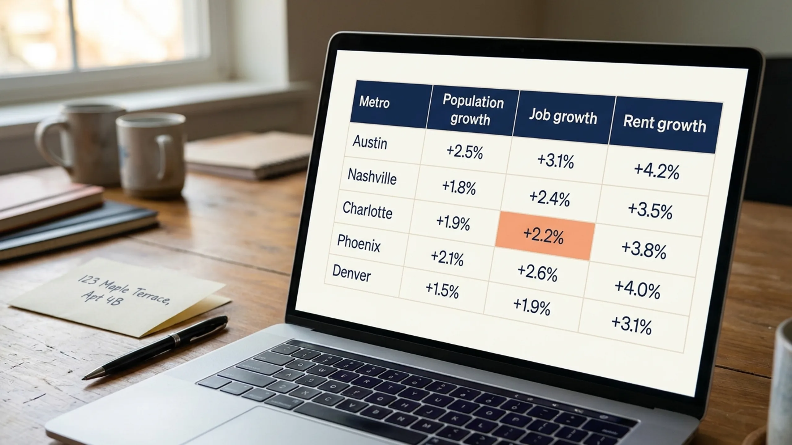 Laptop screen showing population, jobs, and rent growth charts side by side for real estate market analysis