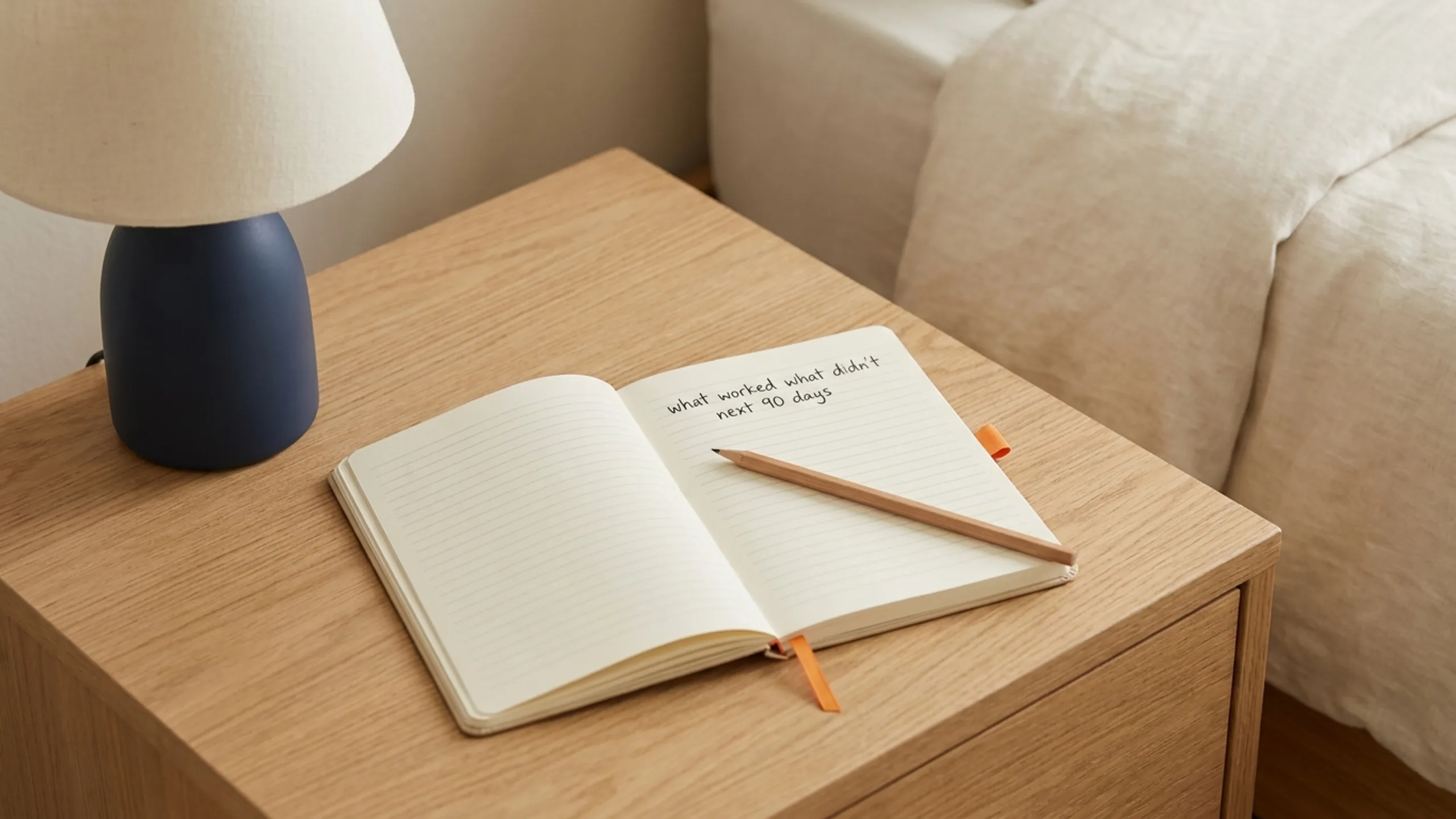 Open notebook on a nightstand with a single reflective sentence for property manager vs self manage