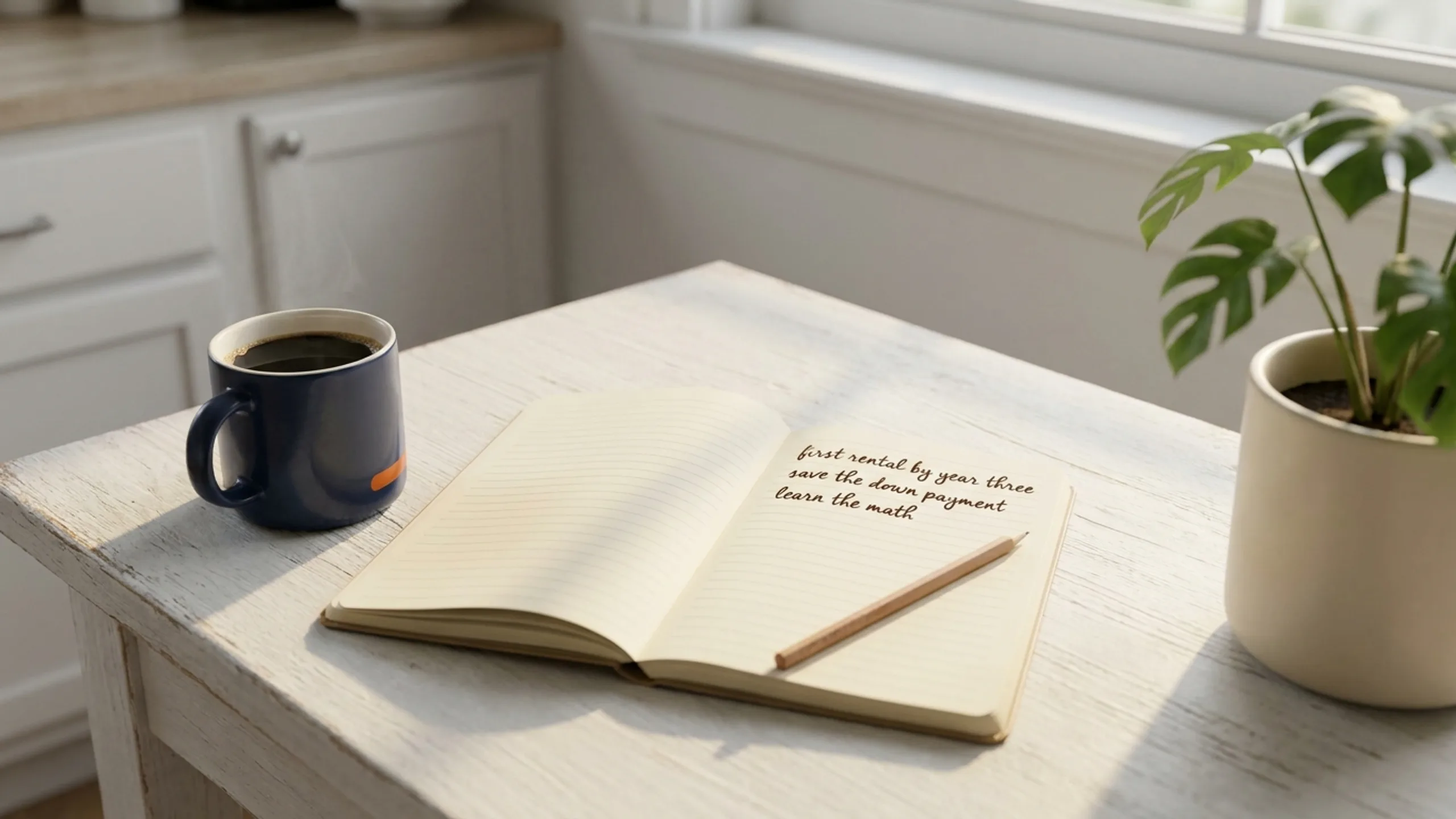 Open notebook with handwritten investing goals on a kitchen counter with morning sun for real estate analysis paralysis