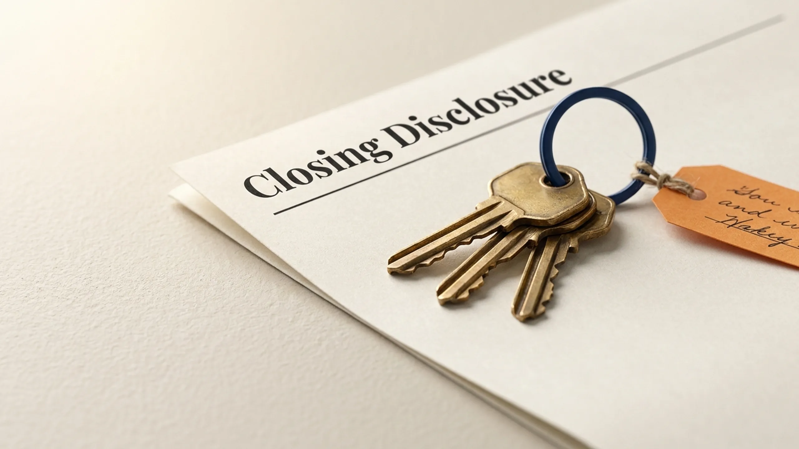 Brass house keys with a small orange tag on a folded closing document for real estate closing process step