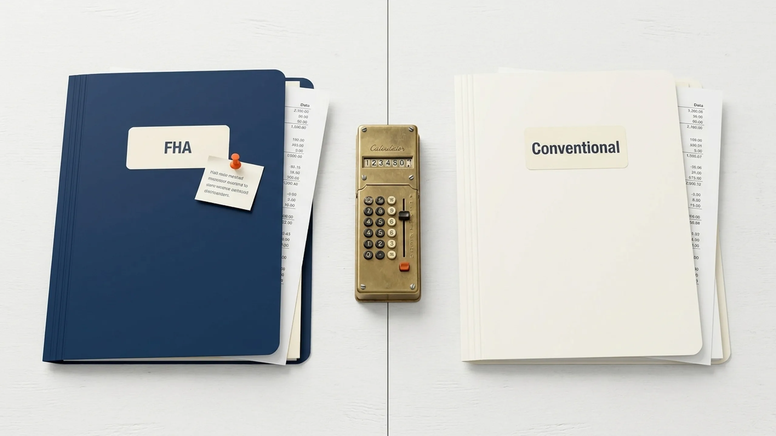 Side-by-side comparison of two labeled folders for real estate investing strategies with a calculator between