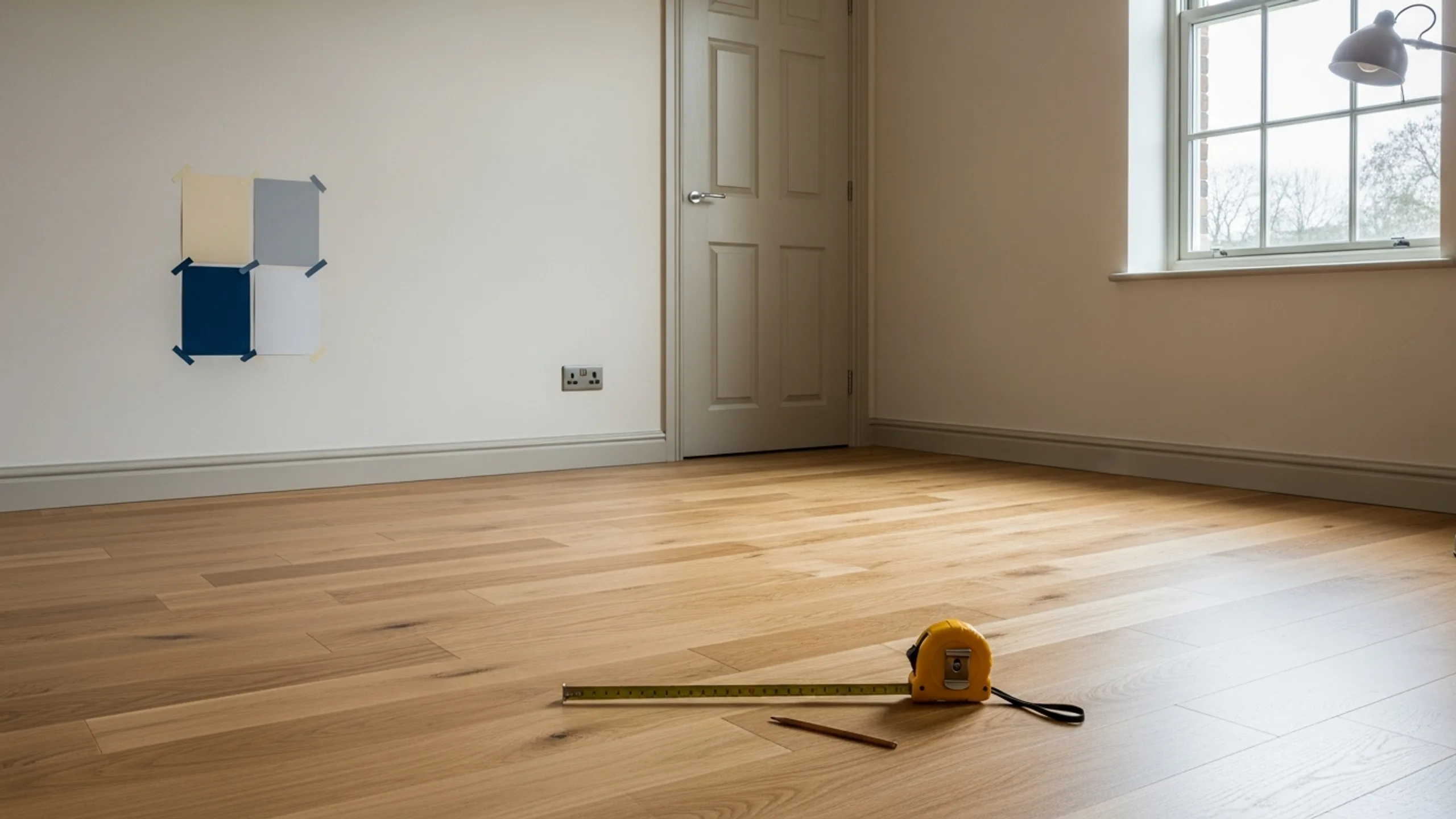 Empty room interior with paint swatches on the wall and a measuring tape on the floor for rental property rent ready check...