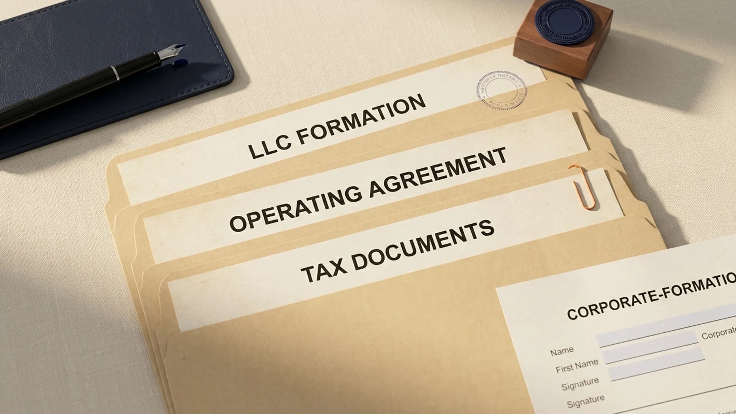 Three stacked legal folders with a fountain pen and notary seal for rental property tax deductions