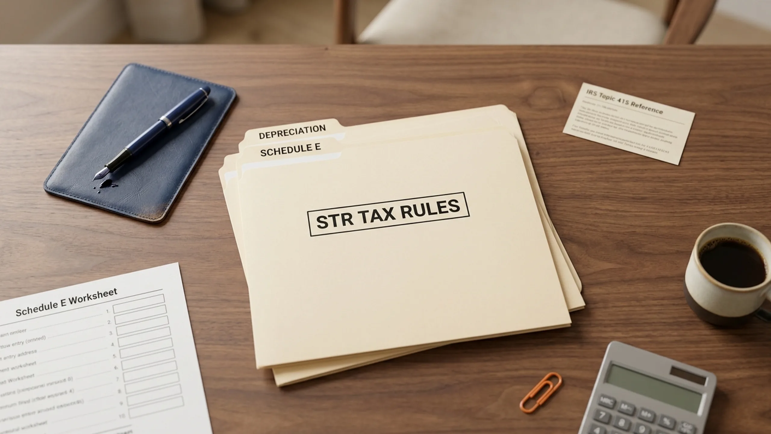 Top-down flat-lay of folders labeled STR tax rules schedule E and depreciation on a wooden desk